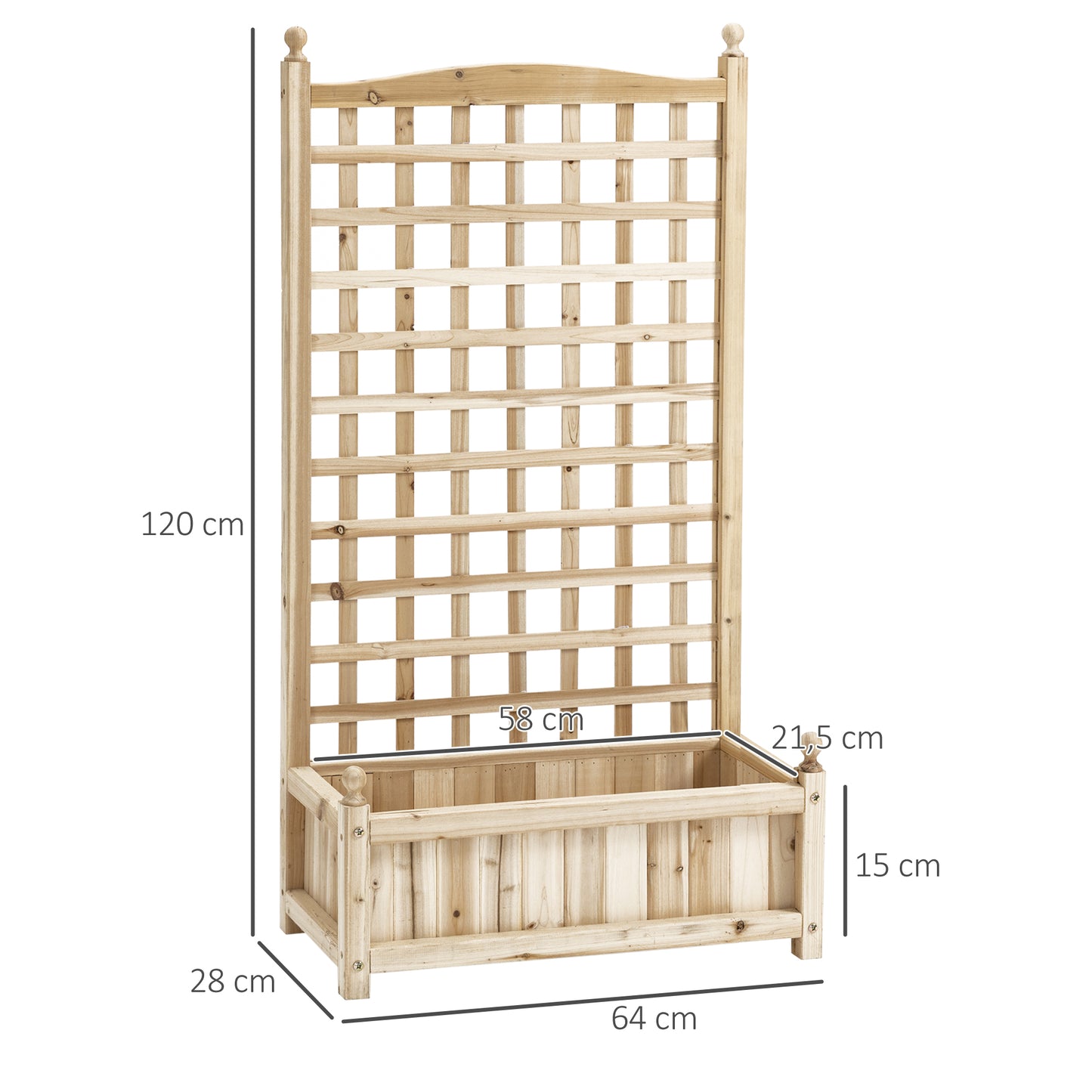 Outsunny verhoogde plantenbak met trellis, bloembak, klimplantbak, rozenboog met ondersteuning voor klimplanten, tuinhout, natuurlijk, 64 x 28 x 120 cm