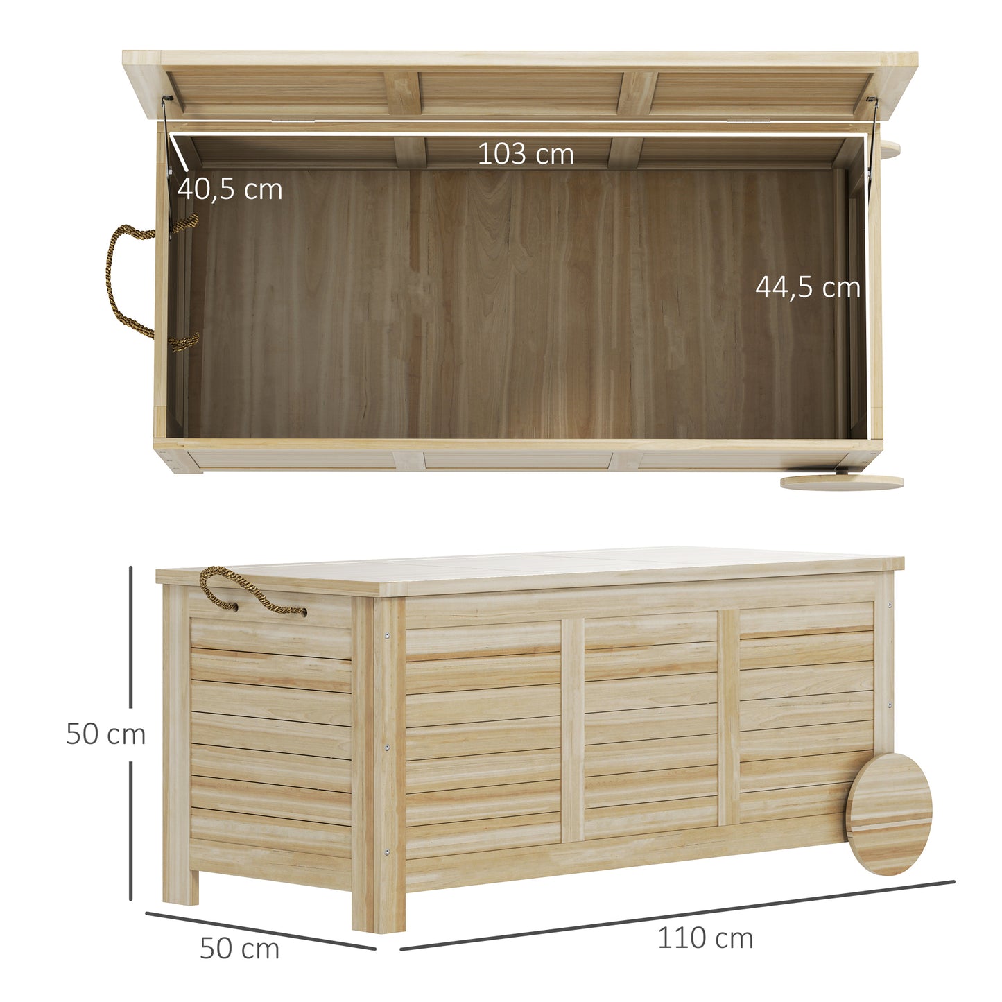 Outsunny 185 L Buitenopbergbox, Opbergkist met Wielen, Weerbestendig, Vurenhout, 110 x 50 x 50 cm, Lichtbruin