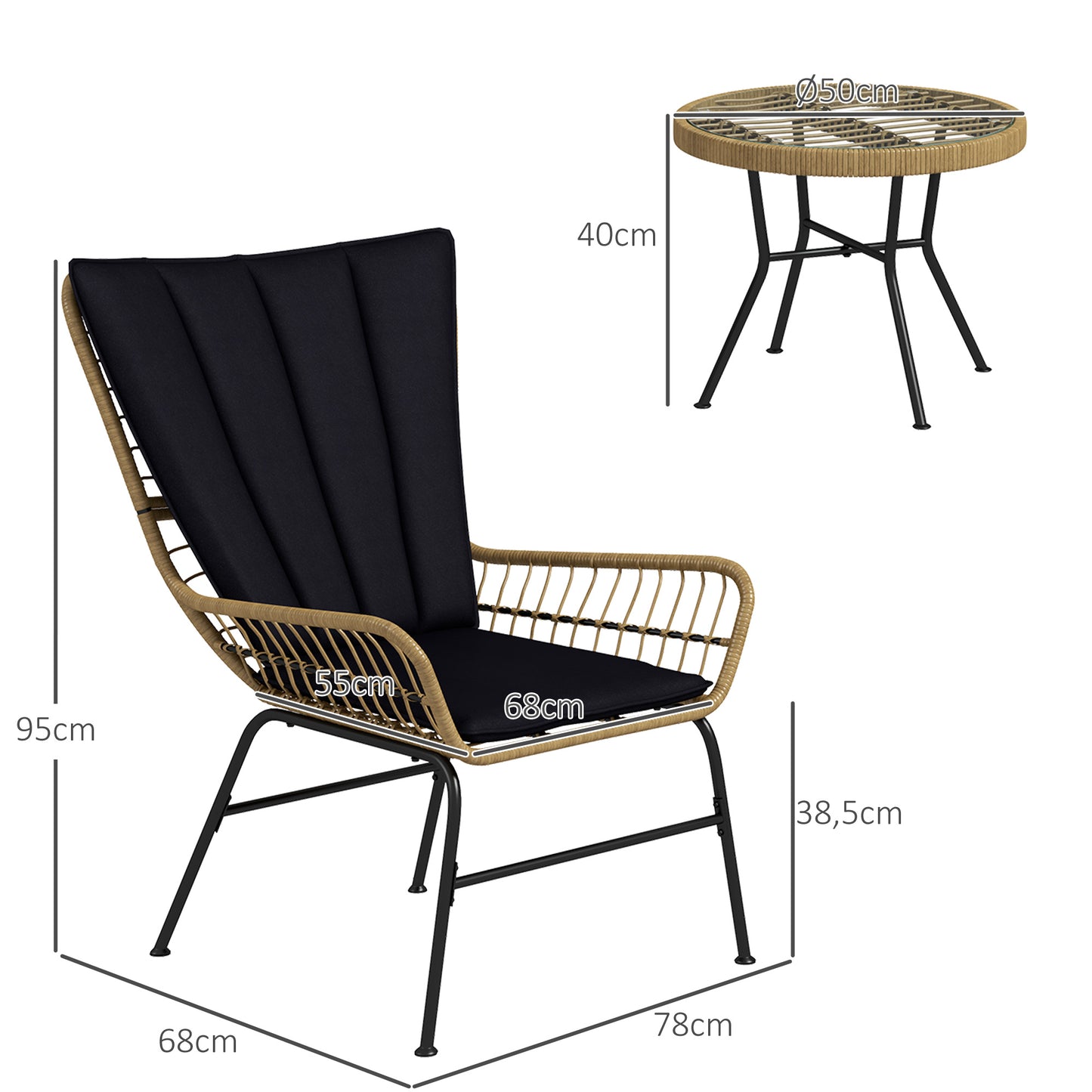 Outsunny Bistro Set Balkonmeubelset, Boho Stijl, Weerbestendig, 76 x 66 x 96 cm, Zwart