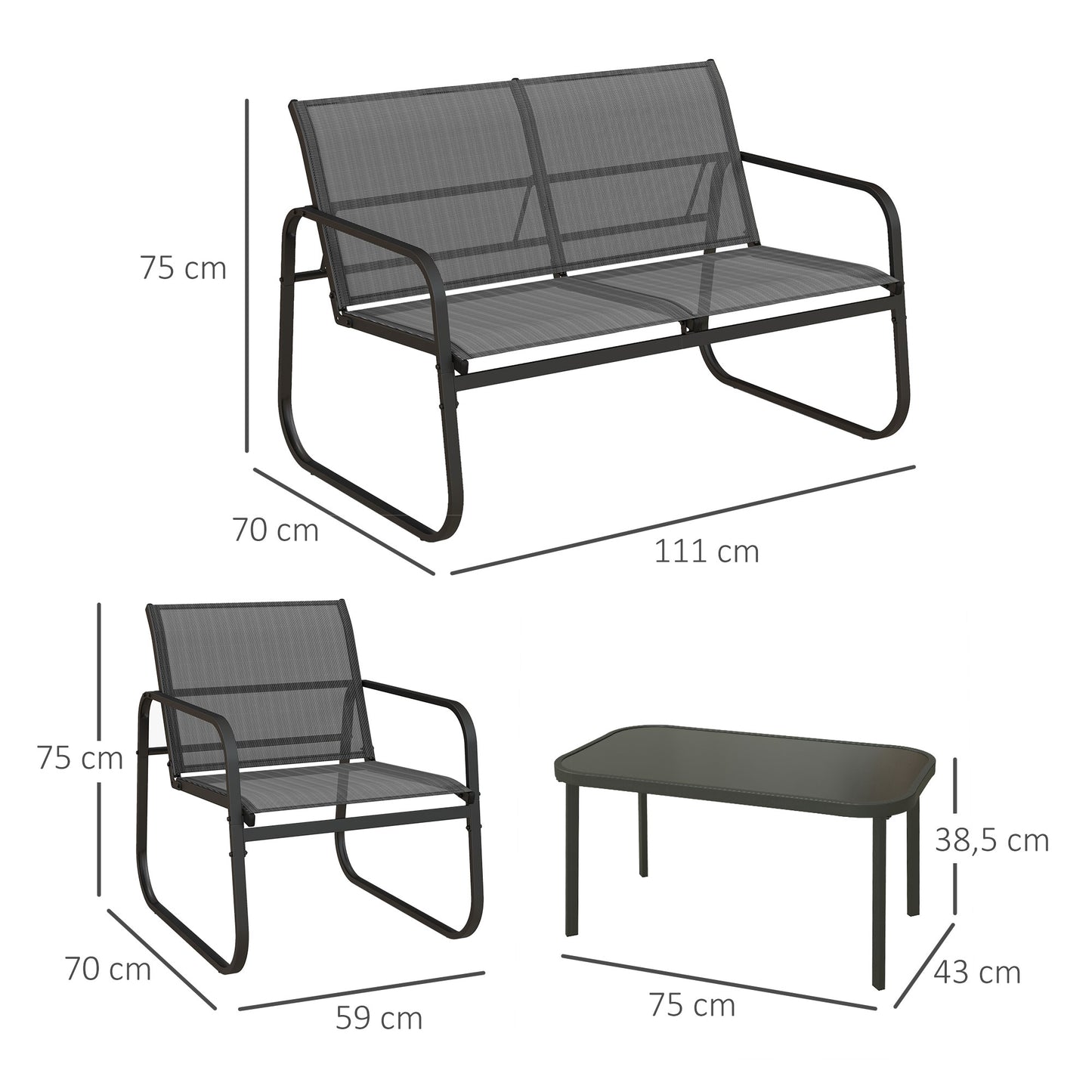 Outsunny 4-delige tuinmeubelset, 2 fauteuils, 2-zitsbank, tafel met glazen blad, ademende stof, metalen frame, zwart