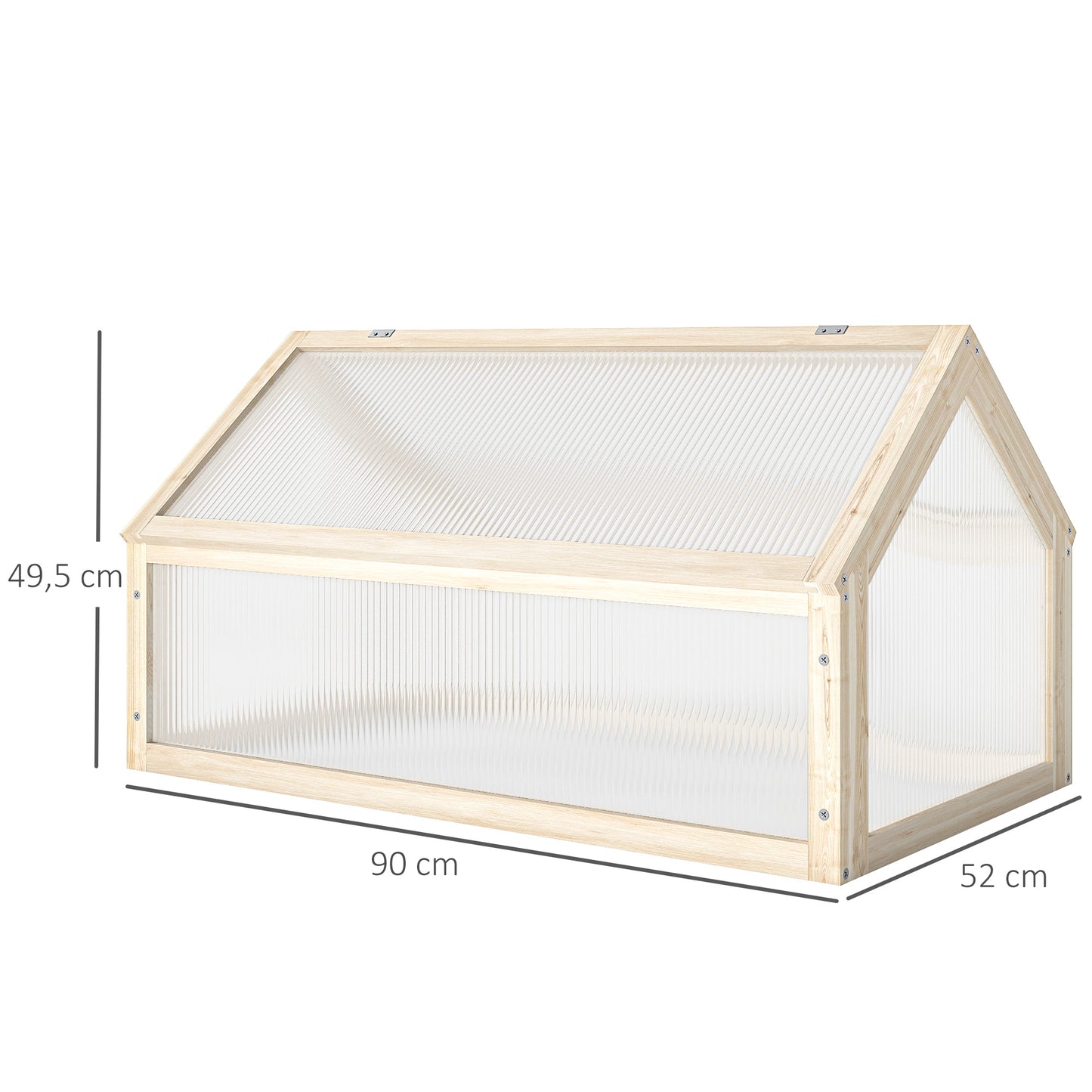 Outsunny Mini Kas, Compacte Plantenkas van Hout, Polycarbonaat Panelen, Ventilatieopening, 90L x 52B x 49,5H cm, Naturel
