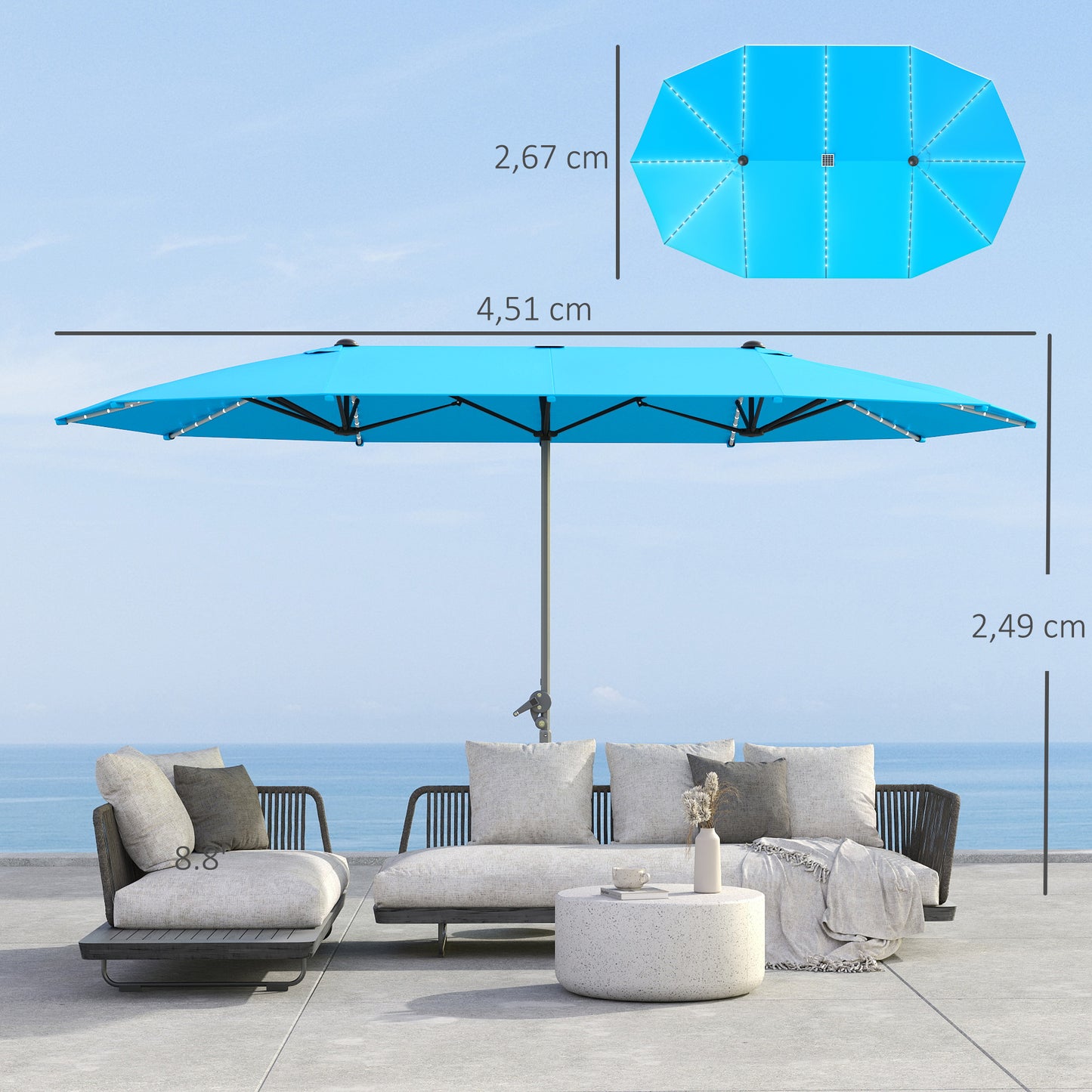 Outsunny dubbele parasol met solarlampen, aluminium, polyester, UPF50+ bescherming, UV-bestendig, terrasparasol, blauw