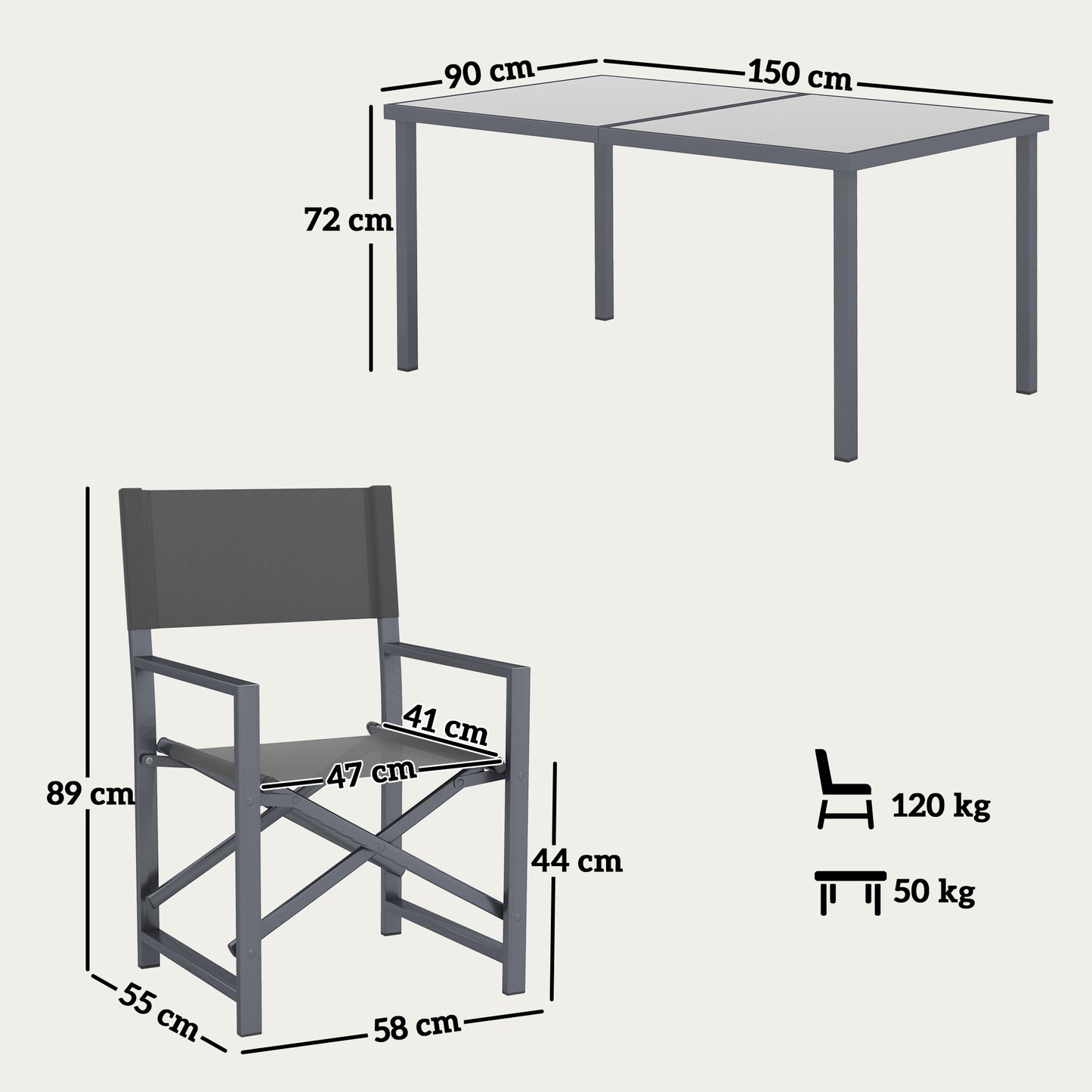 Outsunny 5-delige eetset, staal, voor 4 personen, eettafel met 4 klapstoelen, glazen tafel, grijs