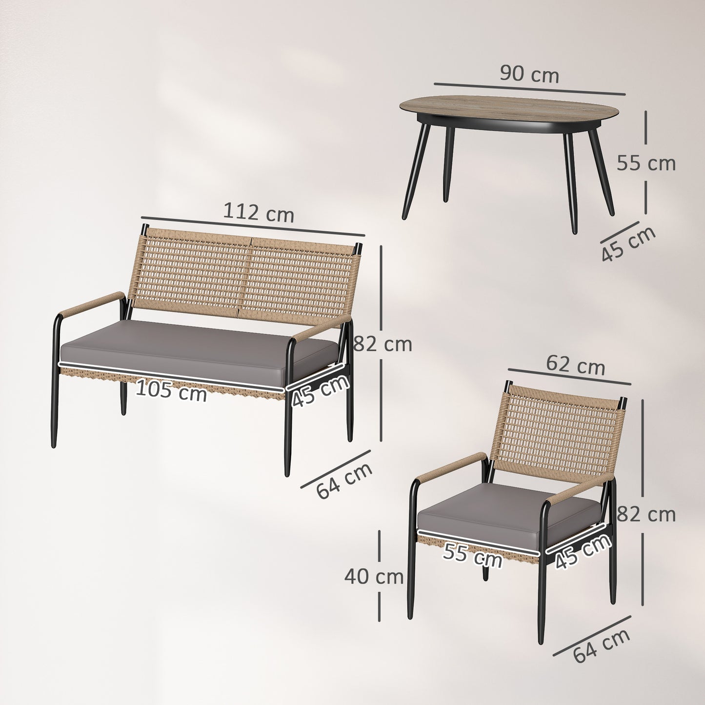 Outsunny tuinmeubelset van polyrotan loungeset met 2-zitsbank, fauteuil, glazen tafel, kussens voor 4 personen, donkergrijs + geel