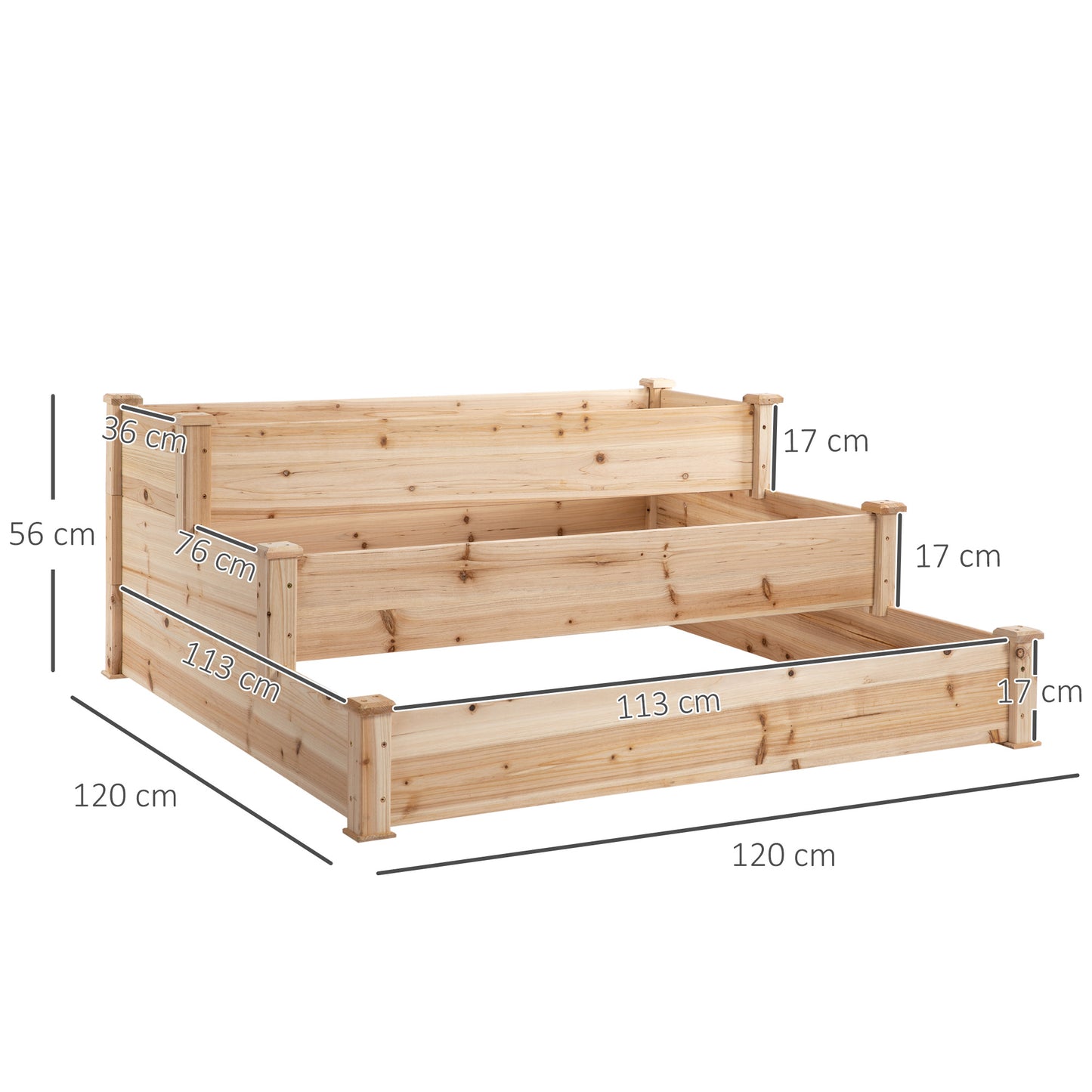 Outsunny Verhoogd Tuinbed, 3-laags, Plantenbed, Kruidenbed, Bloementrap voor Balkon, Tuin, Natuurlijk Dennenhout, 120 x 120 x 56 cm