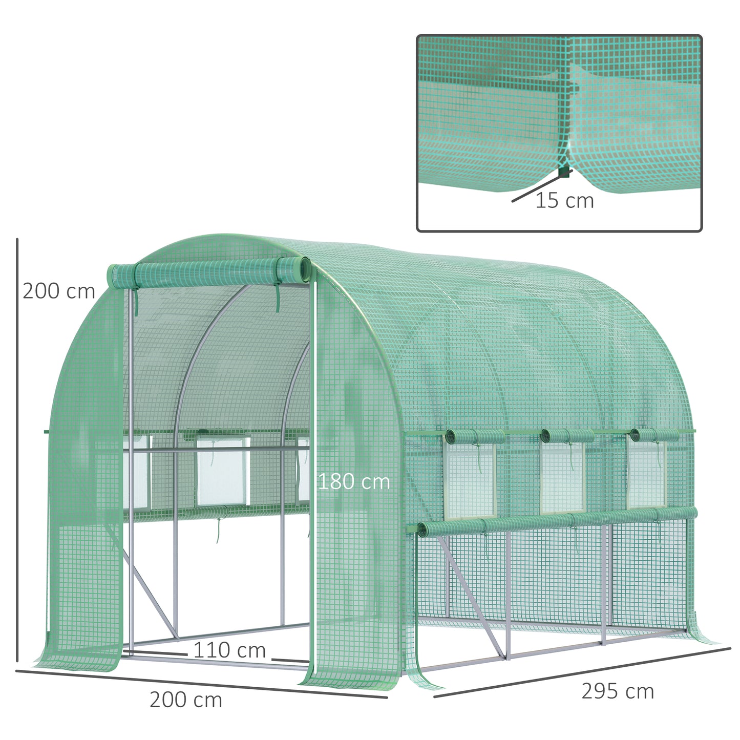 Outsunny polytunnelkas, 6 rolramen, ritsdeur, RVS frame, 2,95 x 2 x 2 m, groen