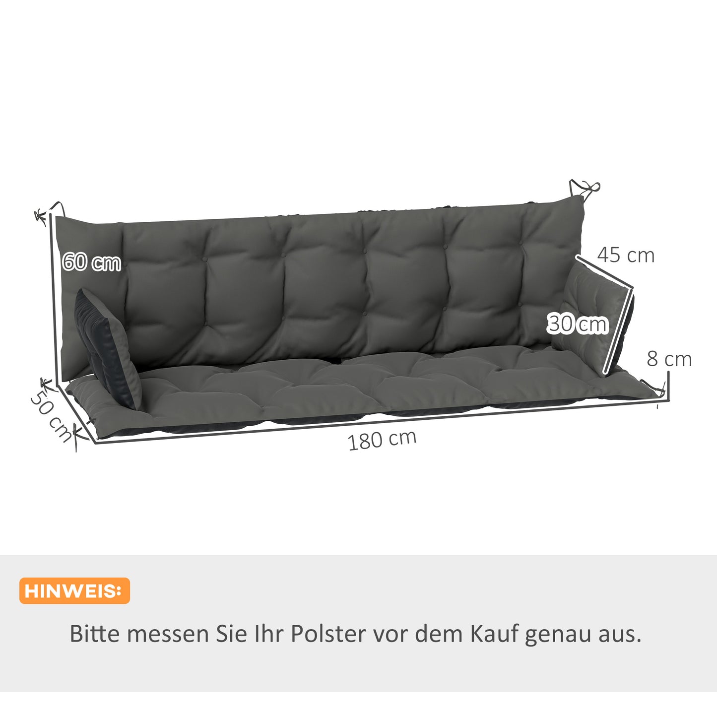 Outsunny Outdoor Kussenset voor Bank of Hollywood Schommel, Tweekleurig, Polyester, Schuim, 180 x 110 x 8 cm, Donkergrijs