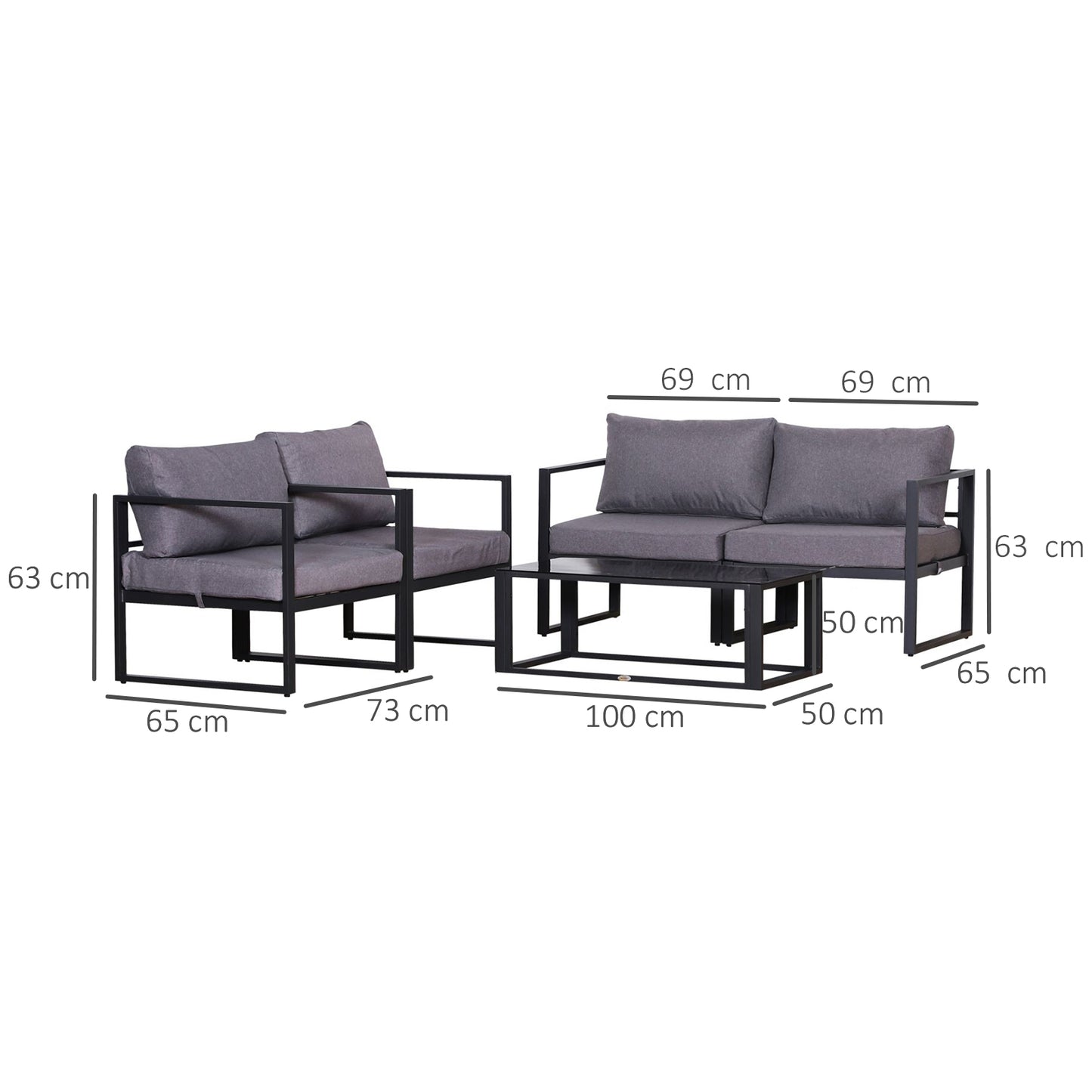 Outsunny vierdelige tuinmeubelset, zitgroep, bank met zitkussens, tafel met opbergruimte, polyester, grijs, 138 x 69 x 63 cm