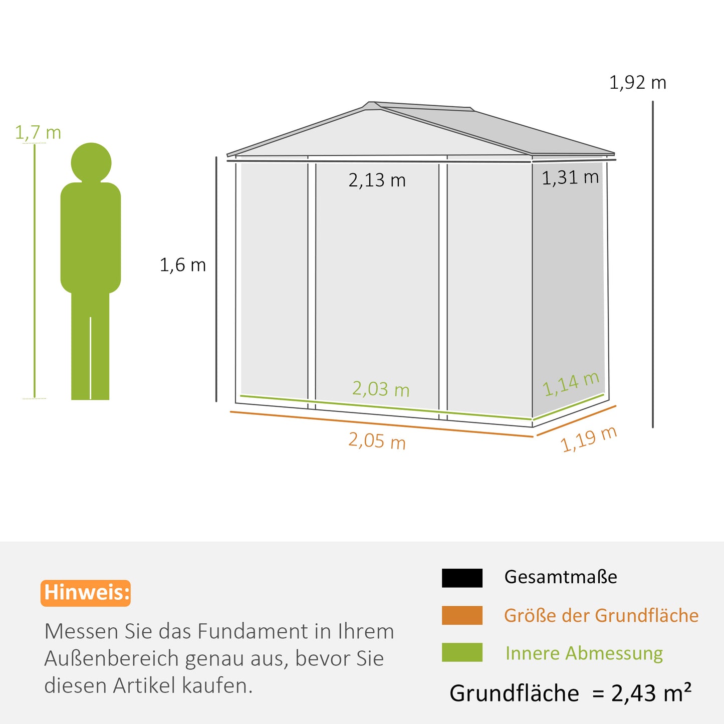 Outsunny 2,43 m tuinhuis, 213 x 131 x 192 cm, gereedschapsschuur met zadeldak, afsluitbare schuifdeur, weerbestendig, grijs