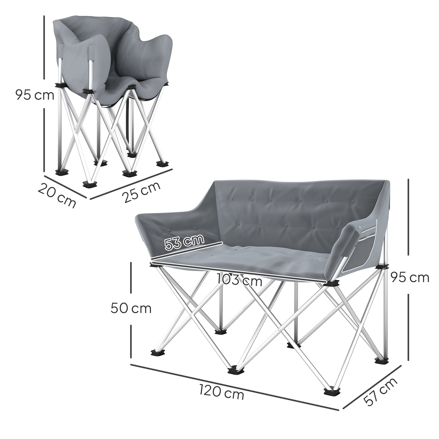 Outsunny Opvouwbare Stoel 2 Zits Opvouwbare Kampeerstoel met Armleuningen Zijvak Draagvermogen tot 240kg Grijs
