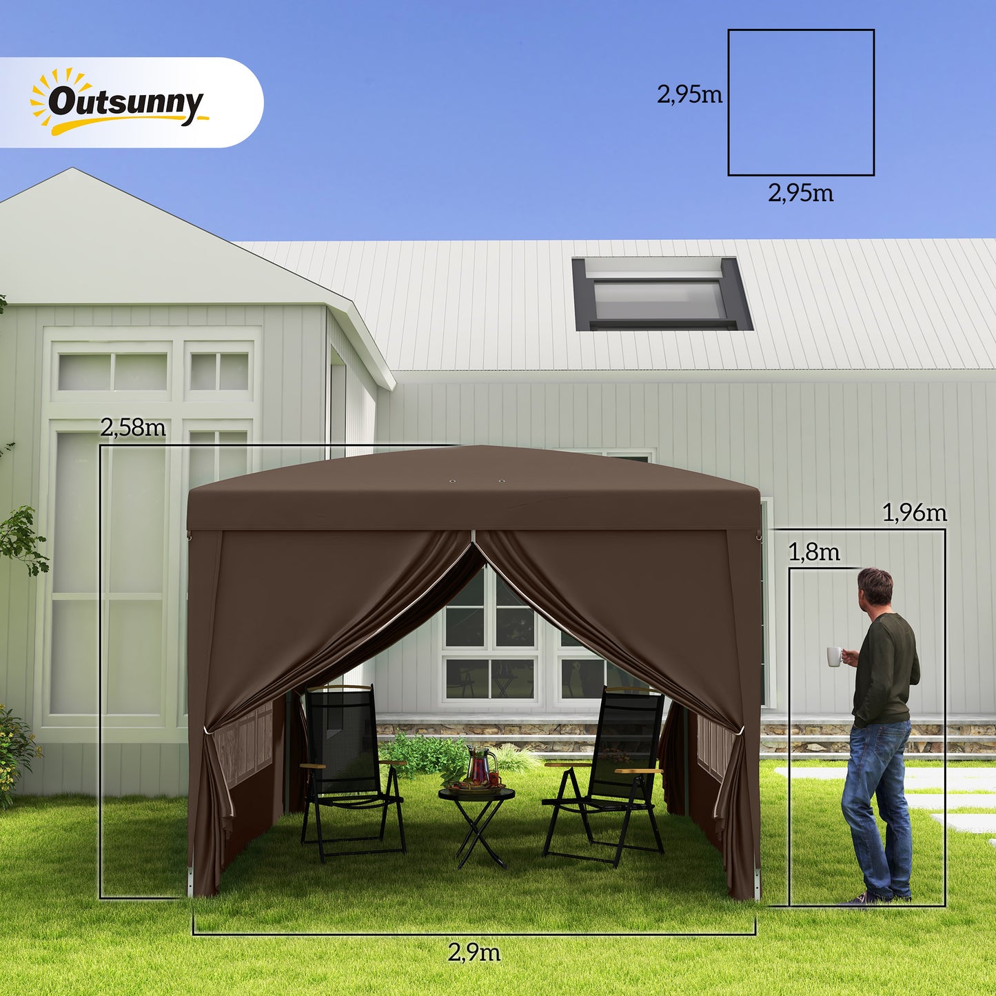 Outsunny 3 x 3 m paviljoen met 4 zijpanelen, raam, tent met UV-bescherming, tuintent inclusief draagtas, staal, koffie