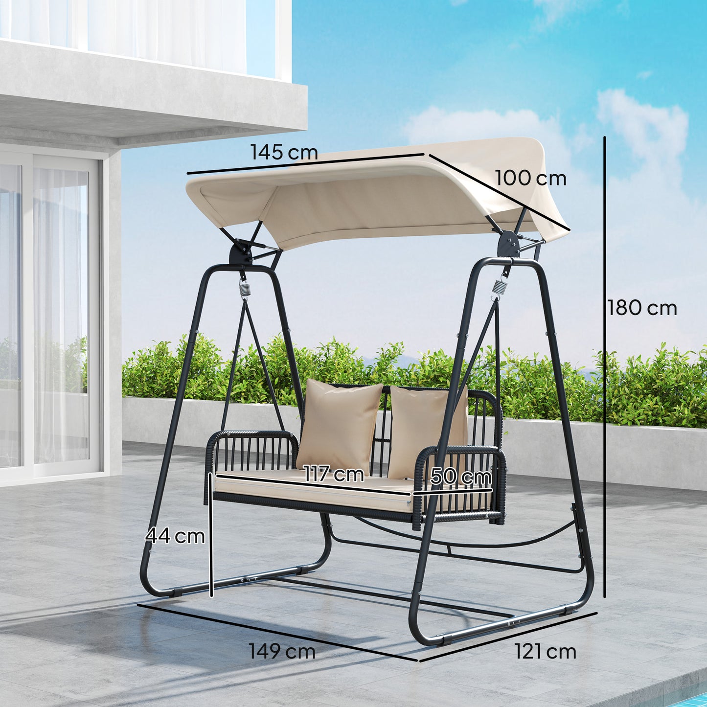 Outsunny Hollywood Swing Rattan 2-zits tuinschommel met zonnekap en kussens, tot 240 kg, 149 x 121 x 180 cm, Khaki