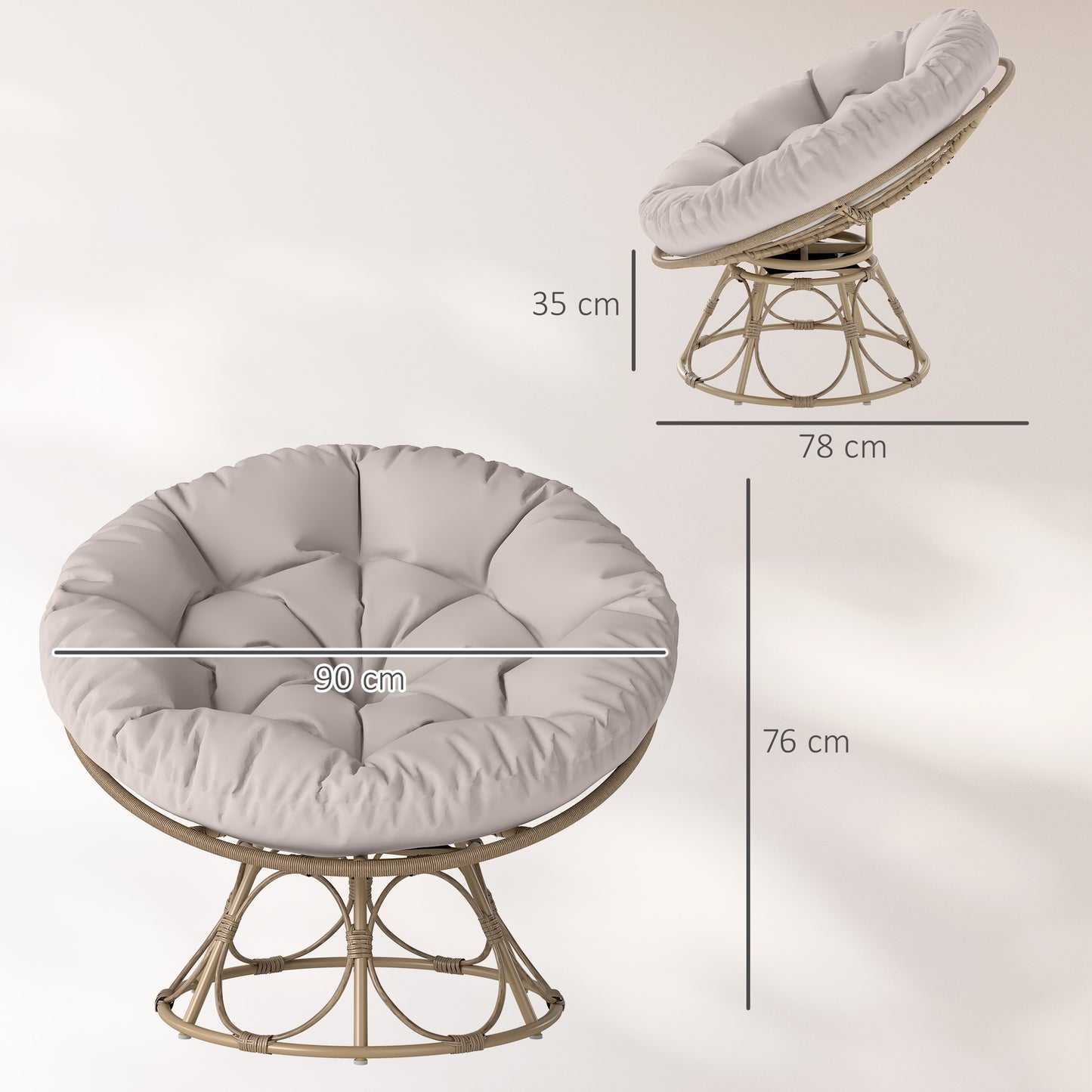 Outsunny Papasan stoel, rotan, 360° draaibare rieten stoel met zitkussen, rond voor buiten
