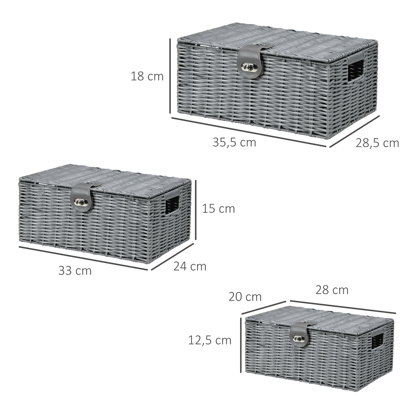 HOMCOM 3-delige set PE-rotan opbergmanden met sluiting en draaggrepen, 35,5 cm x 28,5 cm x 18 cm, grijs