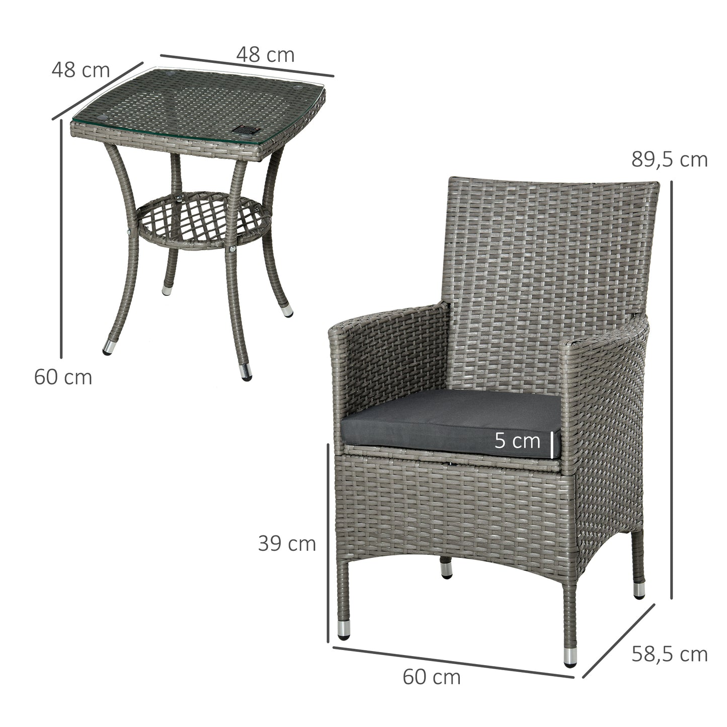 Outsunny Polyrattan Tuinmeubelset, Tuinmeubilair voor 2 Personen, 3-delige Zitgroep, 2 Stoelen, Tafel, Zitkussens, Tuinlounge voor Tuin, Terras, Balkon, Grijs
