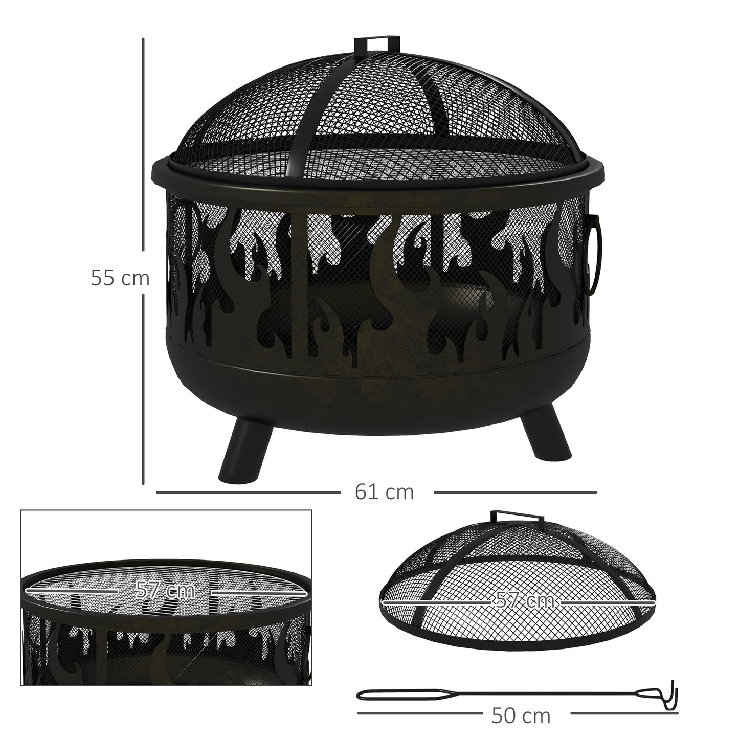 Outsunny Fire Bowl Vuurkorf, incl. vonkenscherm, 1 pook, Ø61,5 cm x 52 cm, Zwart