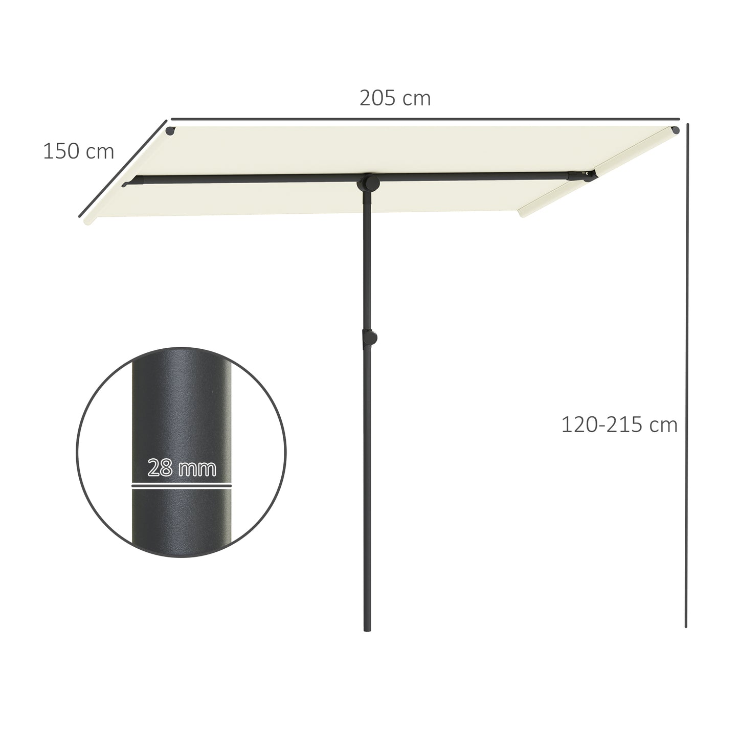 Outsunny Parasol, 180 graden draaibaar, in hoogte verstelbaar, tuinparasol met aluminium paal, 150x205cm, beige