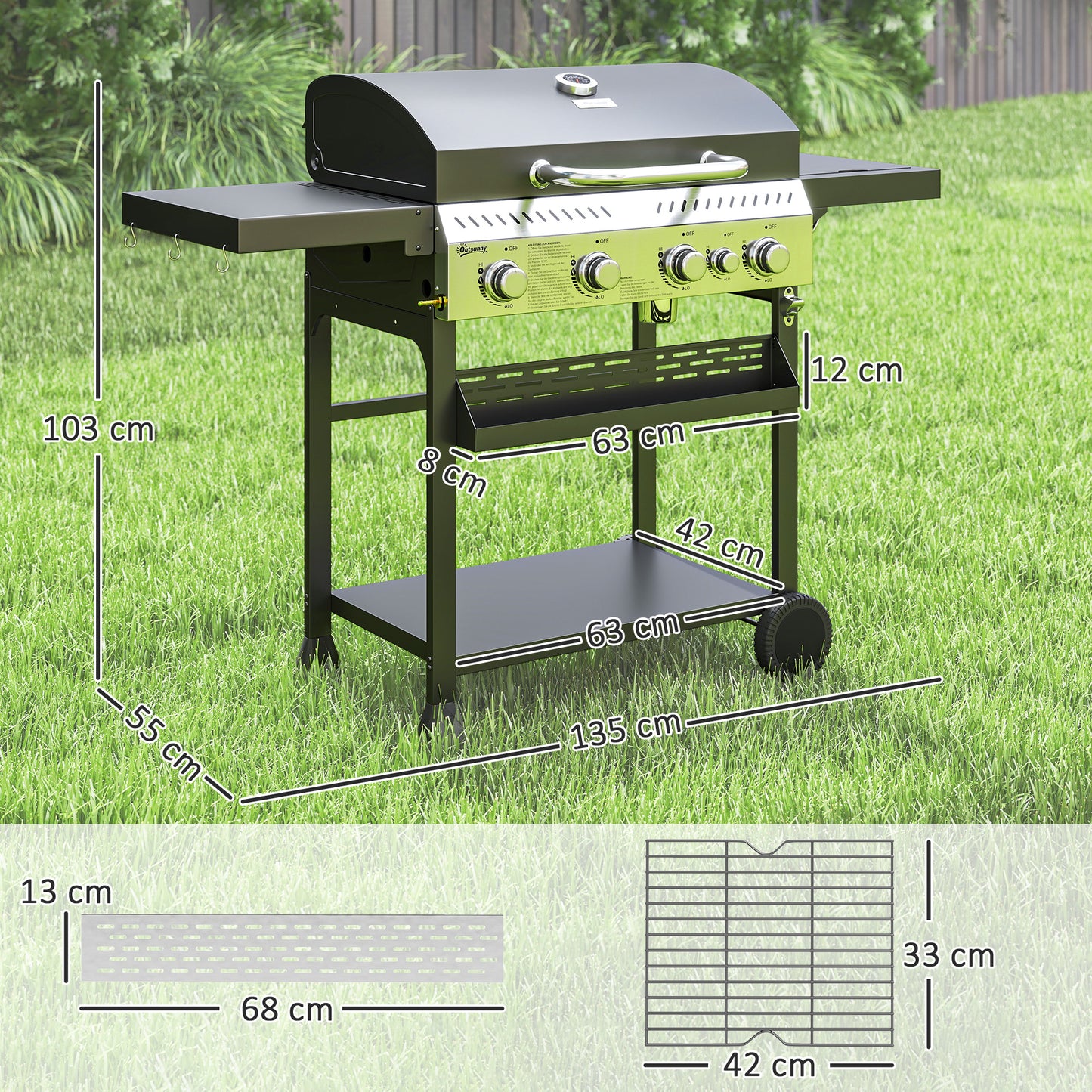 Outsunny Gasgrill, BBQ-grill, 4 hoofdbranders, 1 zijbrander, 1 warmhoudplaat; 135 x 55 x 103 cm, zwart