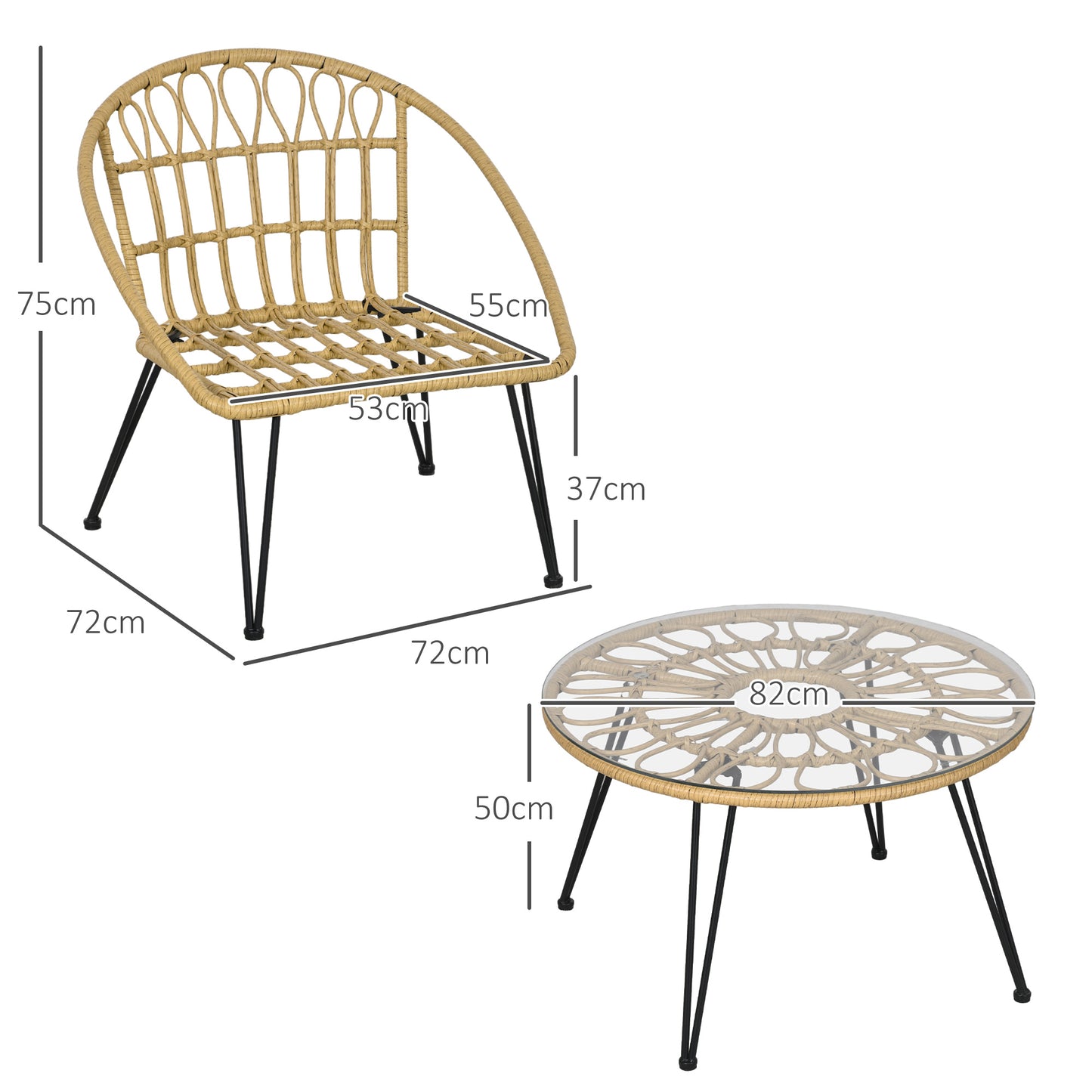 Outsunny 5-delige tuinset, boho-stijl, 1 eettafel & 4 stoelen, kussens, polyrotan, beige/naturel