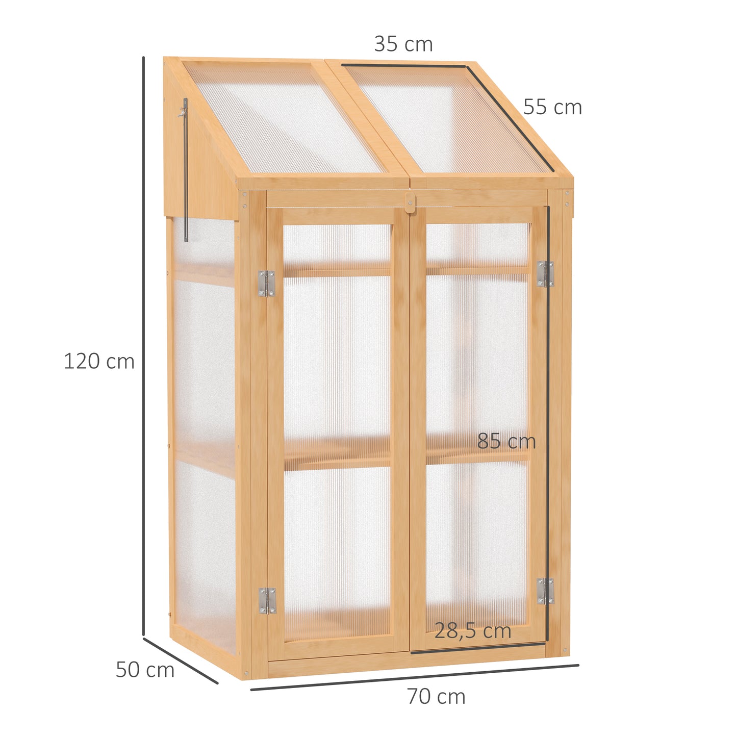 Outsunny Mini Greenhouse, kleine kas met houten frame, raam en dubbele deur, 3 planken, 70L x 50B x ??120H cm, Bruin