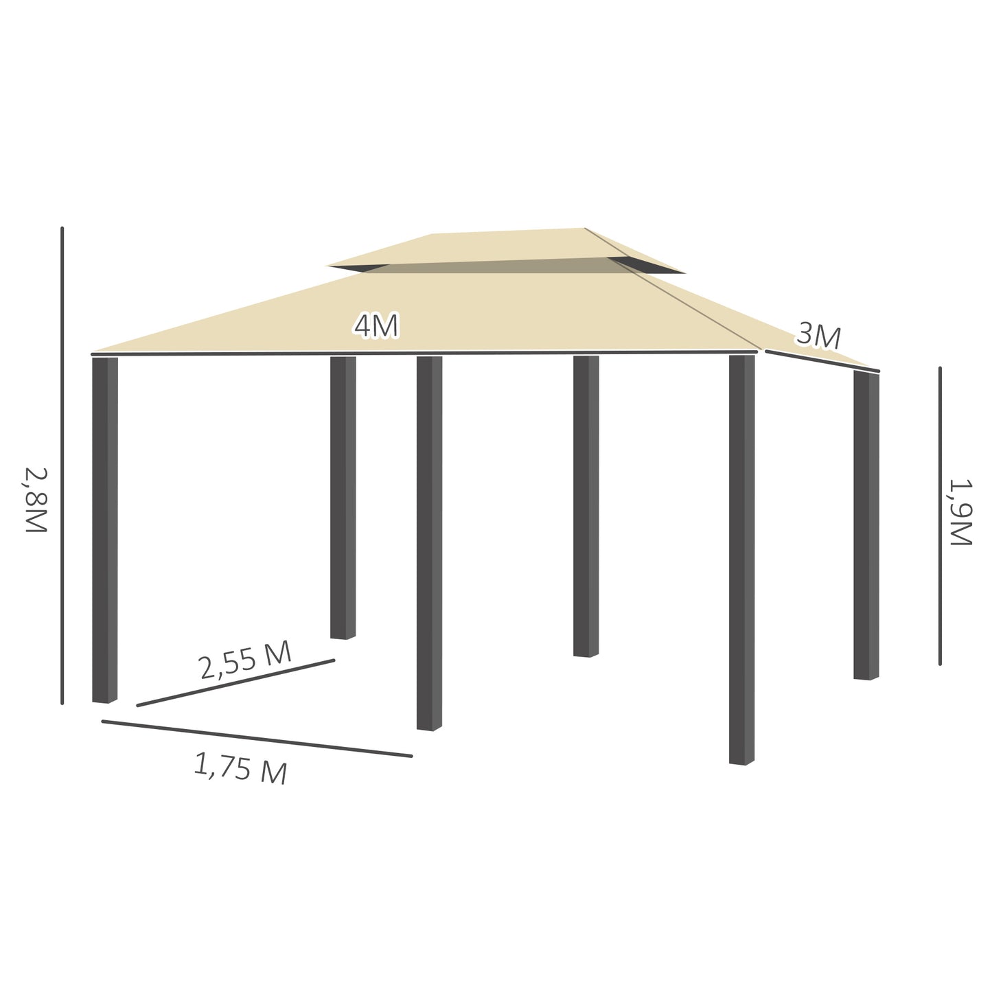 Outsunny Paviljoen 3x4m Tuinpaviljoen met 6 Zijpanelen Partytent Tuintent Partytent met Dubbel Dak Beige+Zwart