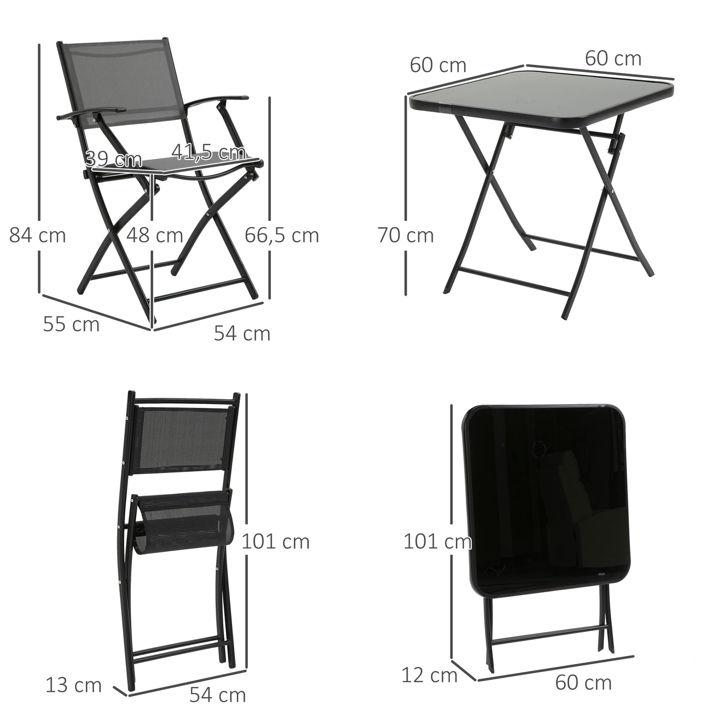 Outsunny Opvouwbare balkonzitset voor 2 personen, 1 tafel + 2 stoelen, tuinmeubelset, metalen gaas, zwart + grijs