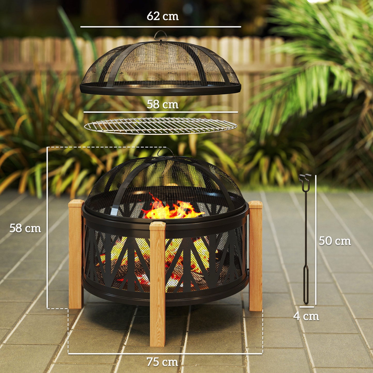 Outsunny 2-in-1 vuurschaal Ø75 x 58 cm vuurkorf met vonkenscherm, pook, grillrooster, zwart