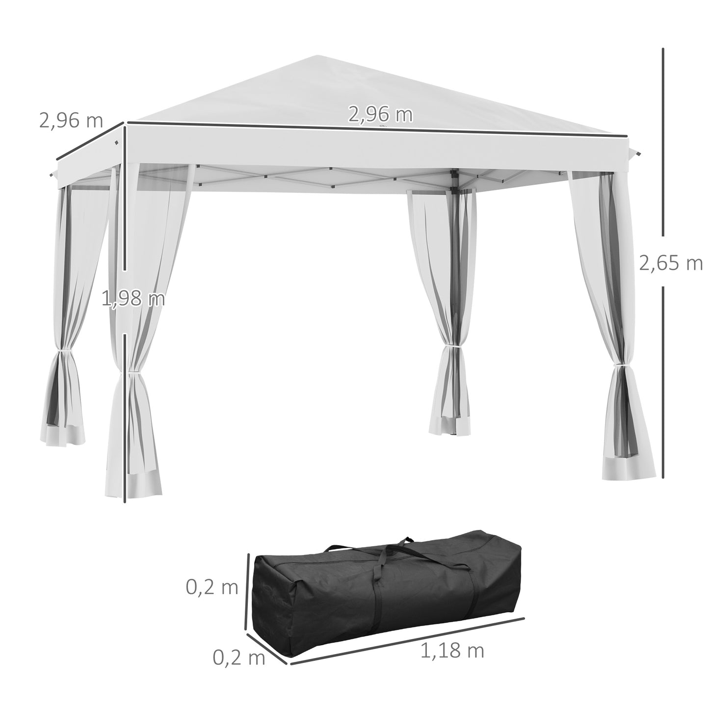 Outsunny Opvouwbare Paviljoen, Opvouwbare Tent met Zijwanden inclusief Draagtas, Tuinpaviljoen, Metaal, Oxford Stof, 3 x 3 m, Crème Wit