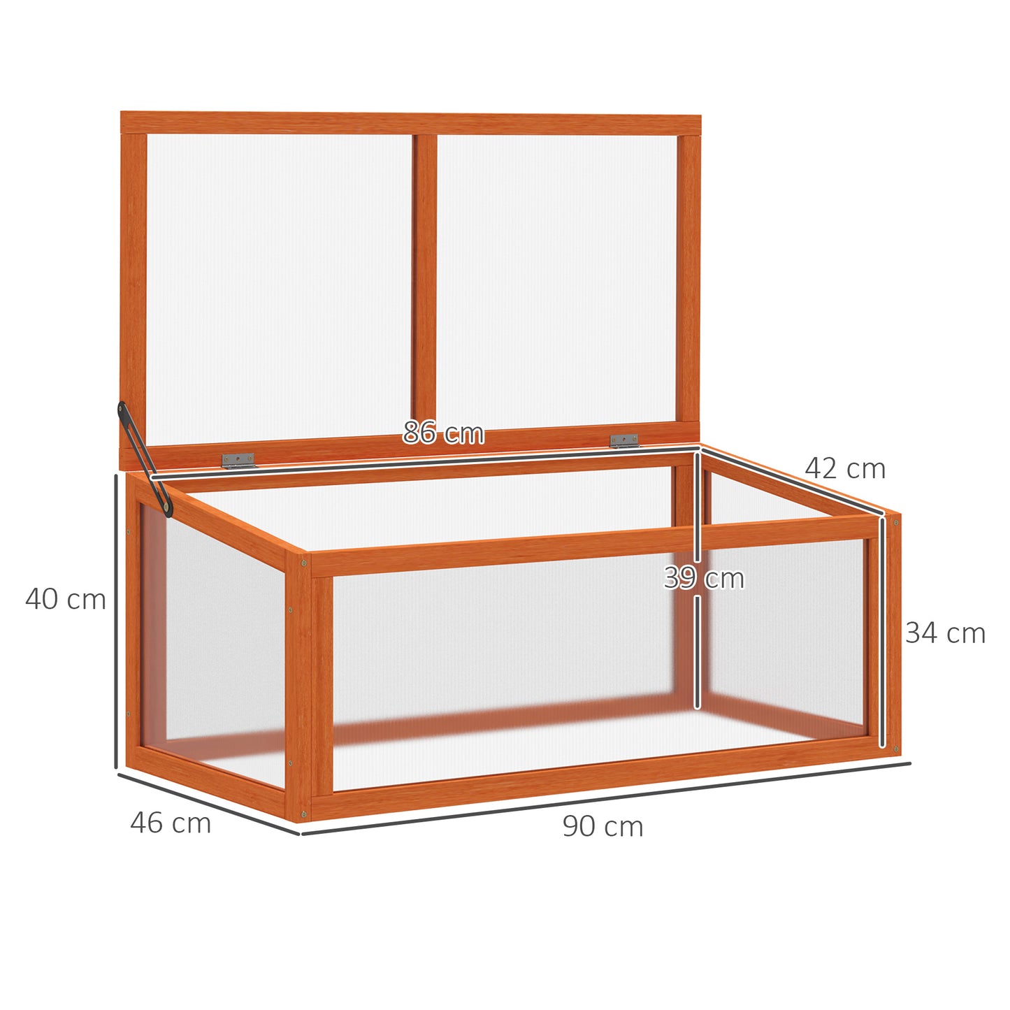 Outsunny Cold Frame, kas van hout en polycarbonaat, 90 x 46 x 40 cm, weerbestendige kas met deksel, koude bak voor tuinplanten, oranje
