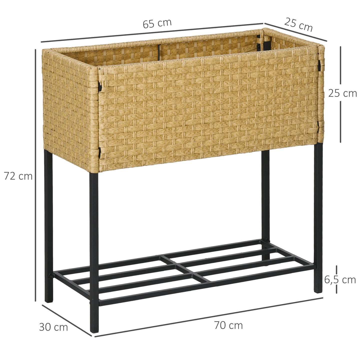 Outsunny Verhoogd Tuinbed, Bloembak, Diepe Plank, Metalen Frame/Polyrotan, 70 x 30 x 72 cm, Zandkleur