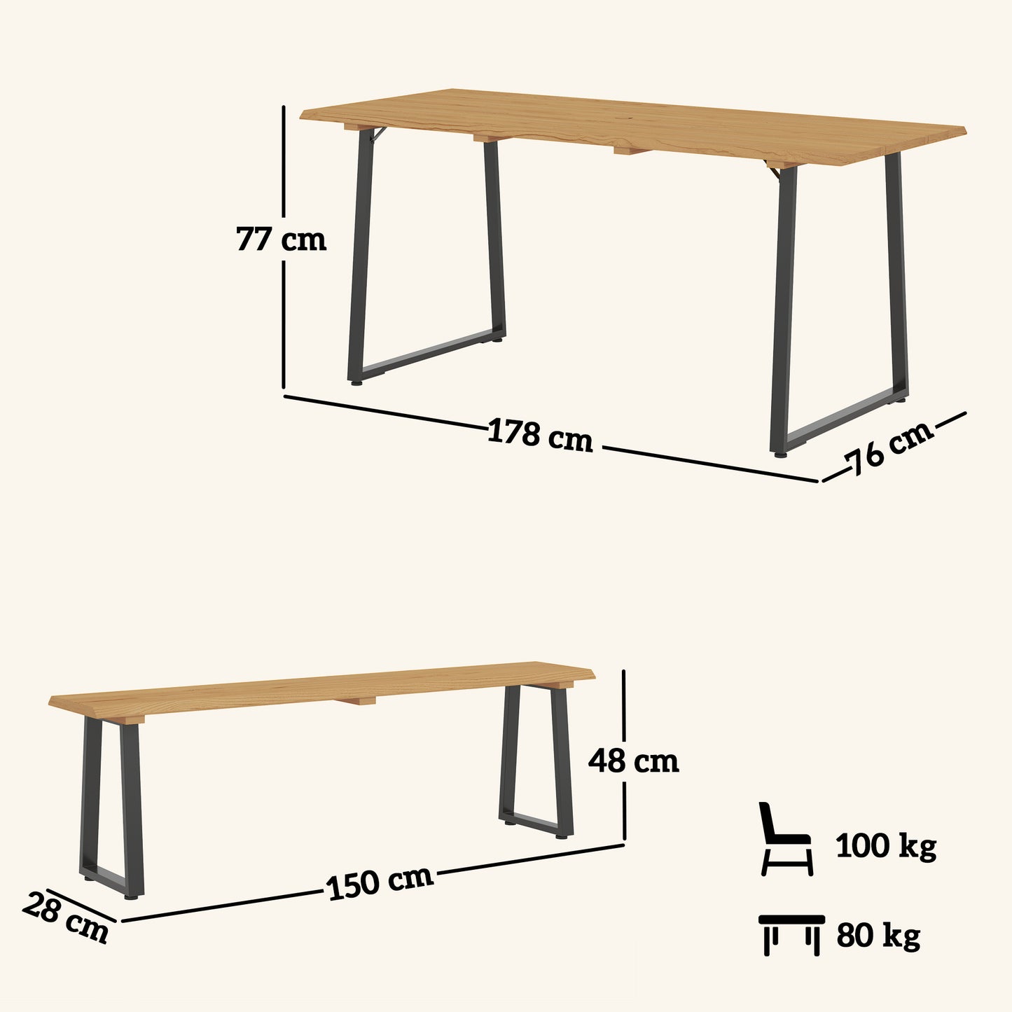 Outsunny 3-delige houten eetset voor 6 personen, eettafel met 2 banken, parasolgat, houten tafel 178 x 76 x 77 cm, natuurlijk hout