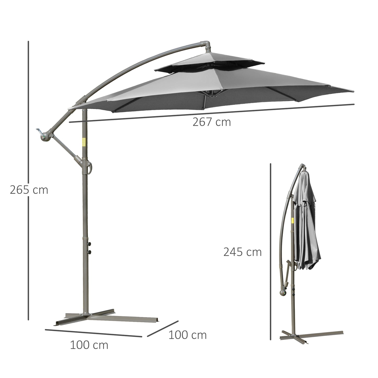 Outsunny Parasol Zwenkparasol Ø2,67 x 2,45 m Zwengelparasol met dubbele kap Kruisvoet Staal Buitenzonwering Polyester Staal Lichtgrijs