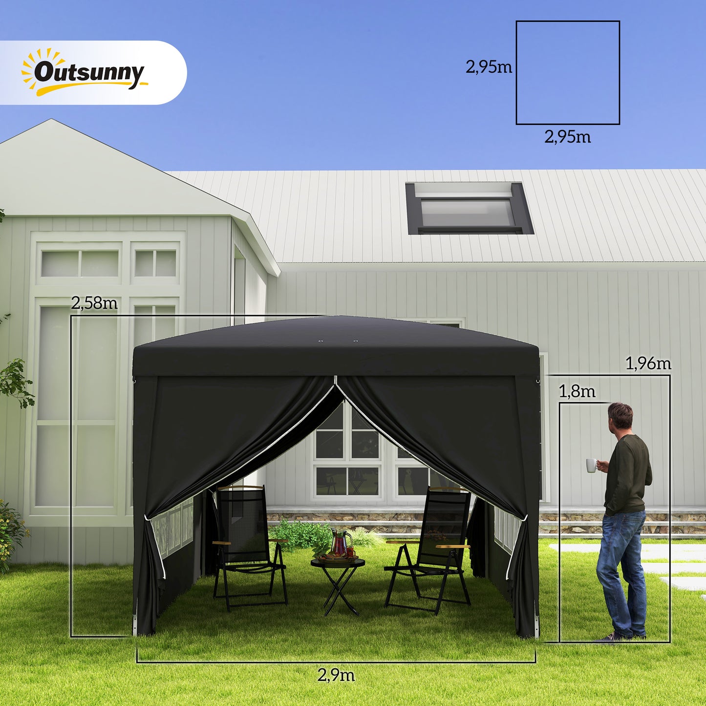 Outsunny 3 x 3 m paviljoen met 4 zijwanden, ramen, tent met UV-bescherming, tuintent inclusief draagtas, staal, zwart