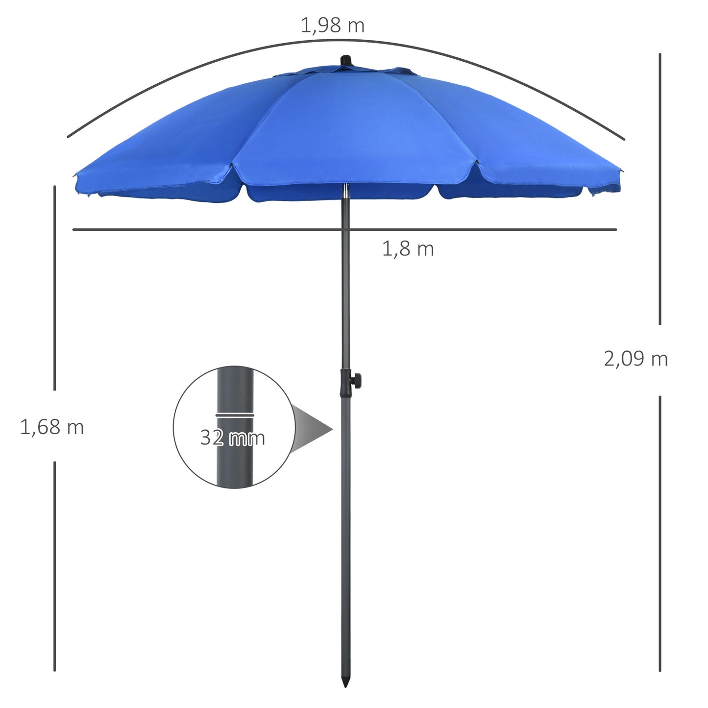 Outsunny strandparasol, parasol, met ventilatieopeningen, kantelbaar, UV50+ Ø1.80, blauw