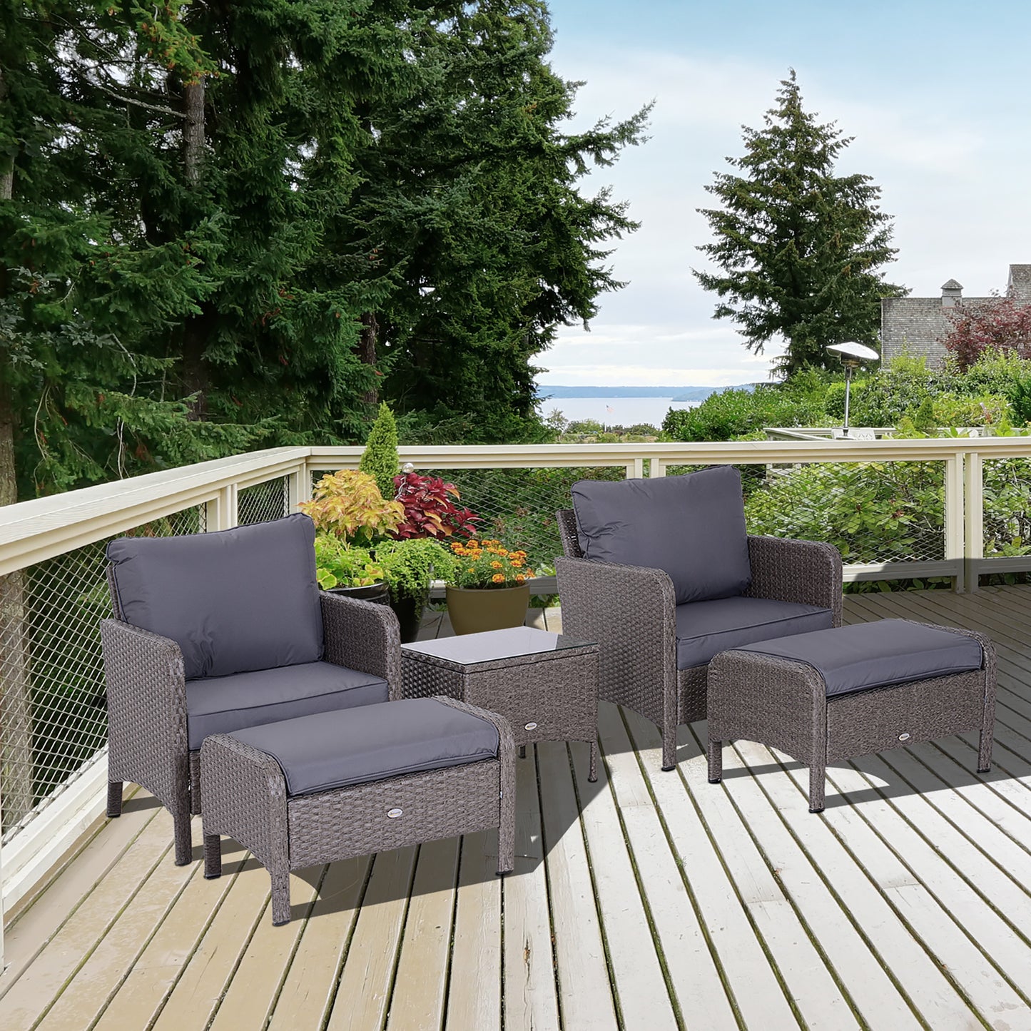 Outsunny 5-delige polyrotan tuinmeubelset, loungeset met kussens, donkergrijs, 2 x fauteuils, 1 x salontafel, 2 x krukken