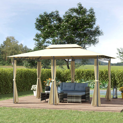 Outsunny Paviljoen 3x4m Tuinpaviljoen met 6 Zijpanelen Partytent Tuintent Partytent met Dubbel Dak Beige+Zwart