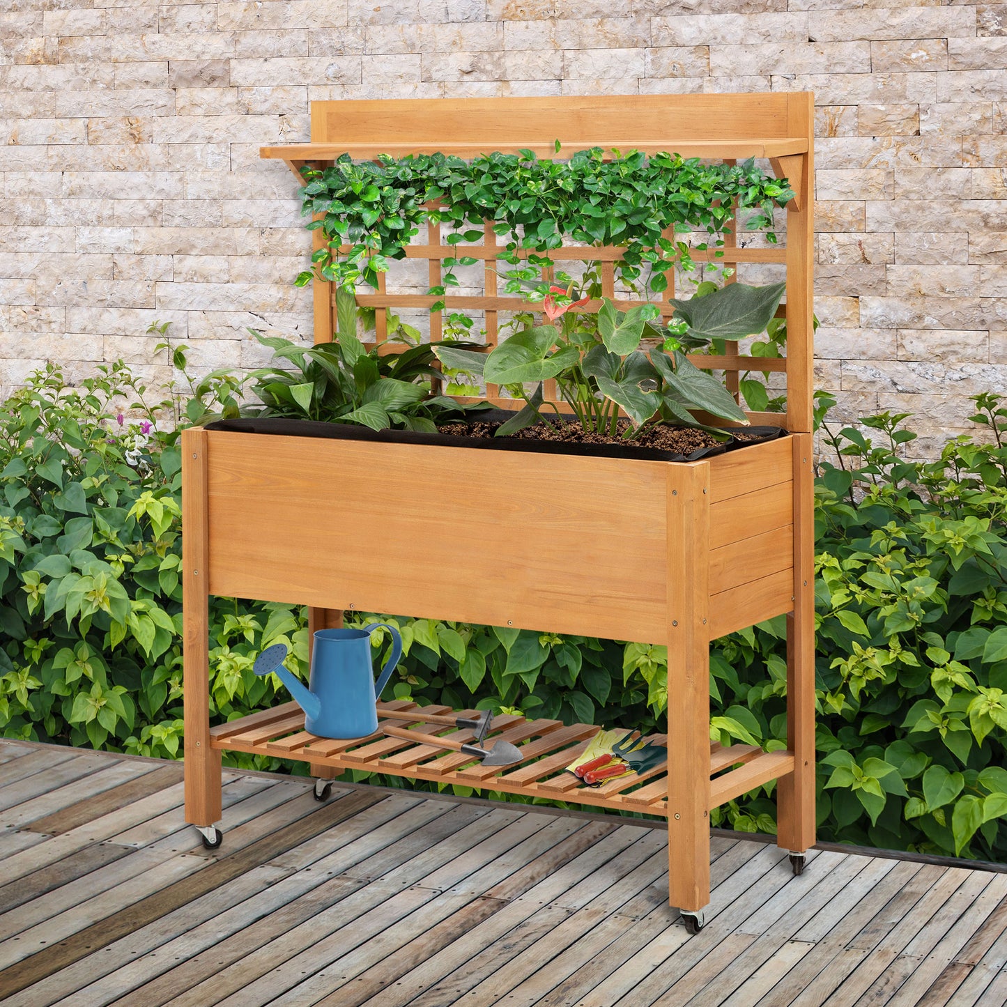 Outsunny verhoogde plantentafel voor in de tuin, bloementafel, werktafel, tuintafel, kas, houten plantentafel voor tuin en balkon, 105 x 40 x 135 cm, spar, vliesstof, bruin