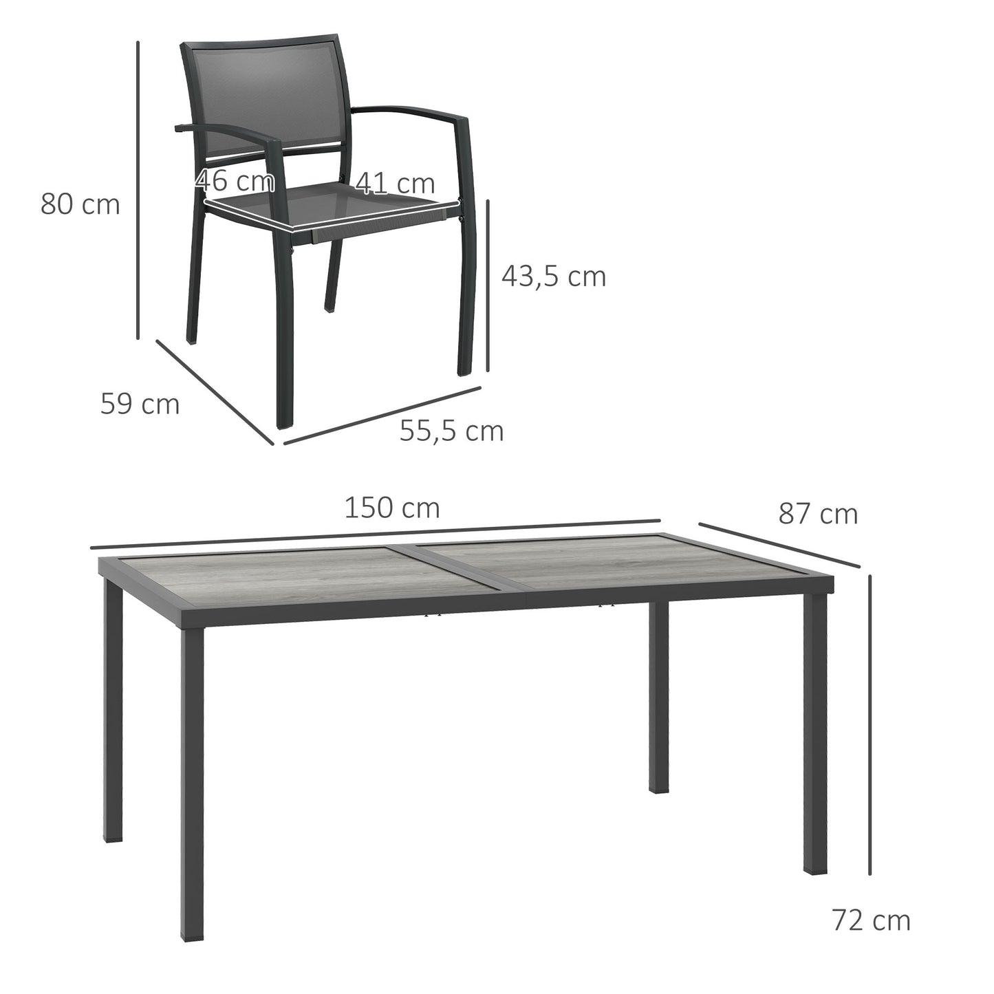Outsunny tuinmeubelset, tuinzitgroep, 1 tafel, 4 stoelen, 150 x 87 x 72 cm, grijs