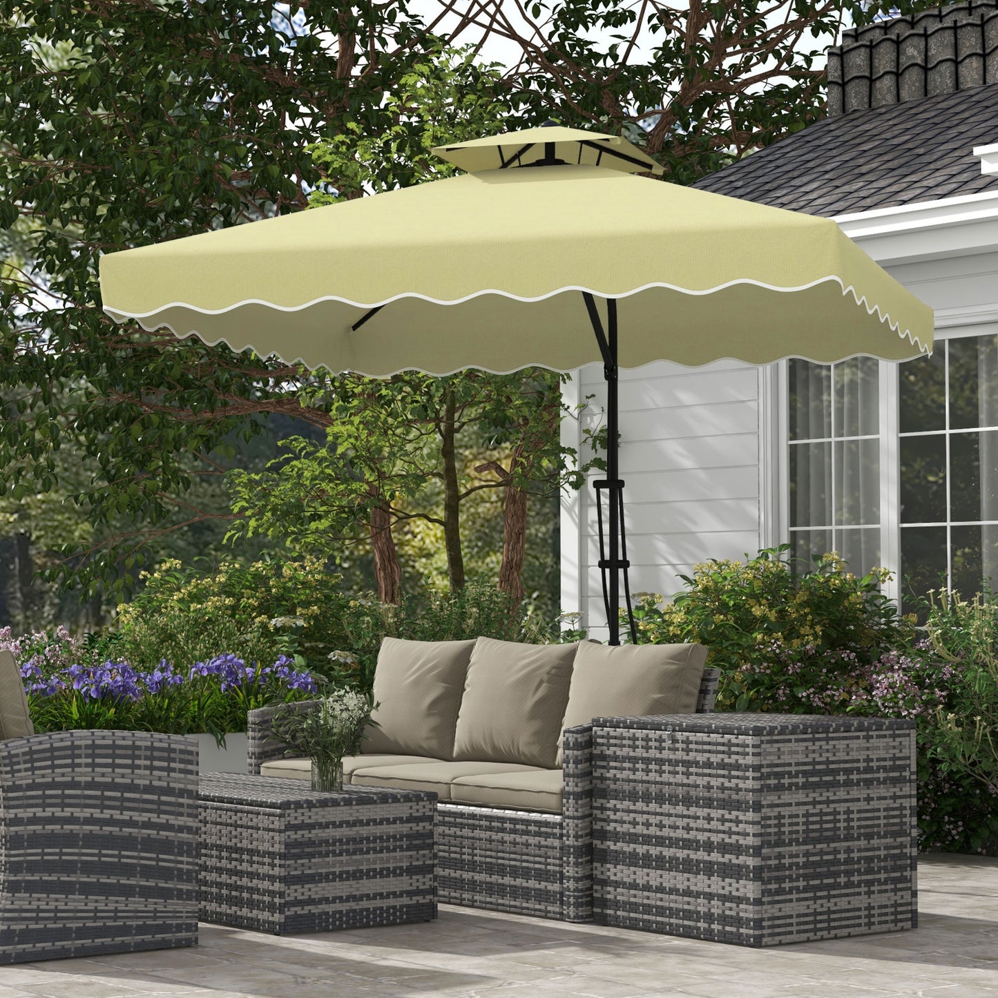Outsunny tuinparasol, zweefparasol, decoratieve rand, geventileerd dak, metalen frame, 2,4x2,4x2,6m, beige