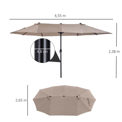 Outsunny Dubbele Parasol 455 x 270 cm Tuinparasol met Handzwengel, Ovaal, Stevig, Metalen Paal, Marktparasol, Dubbele Parasol, Terrasparasol, Zonwering voor Strand, Balkon, Terras, Tuin, Lichte Koffie