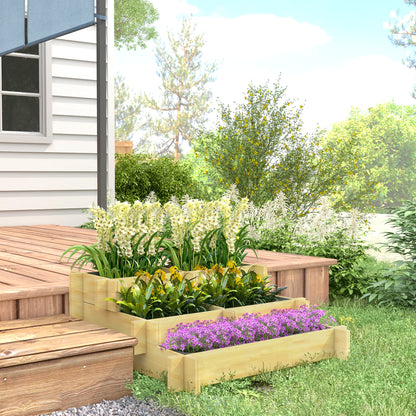 Outsunny Verhoogd Bloembed, 3-laags, Afwateringsopening, Stoffen Voering, Natuurlijk Hout, 93 x 93 x 35 cm