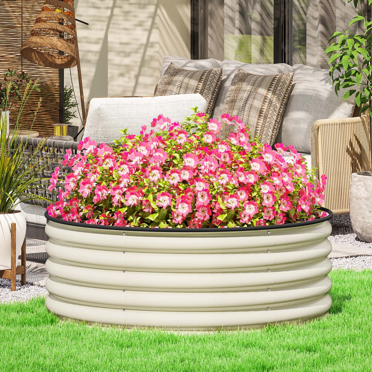 Outsunny Verhoogd Bed, Gegalvaniseerde Plantenbak met Veiligheidsrand, Plantenbak met Open Bodem, 120 x 120 x 43 cm, Crèmewit