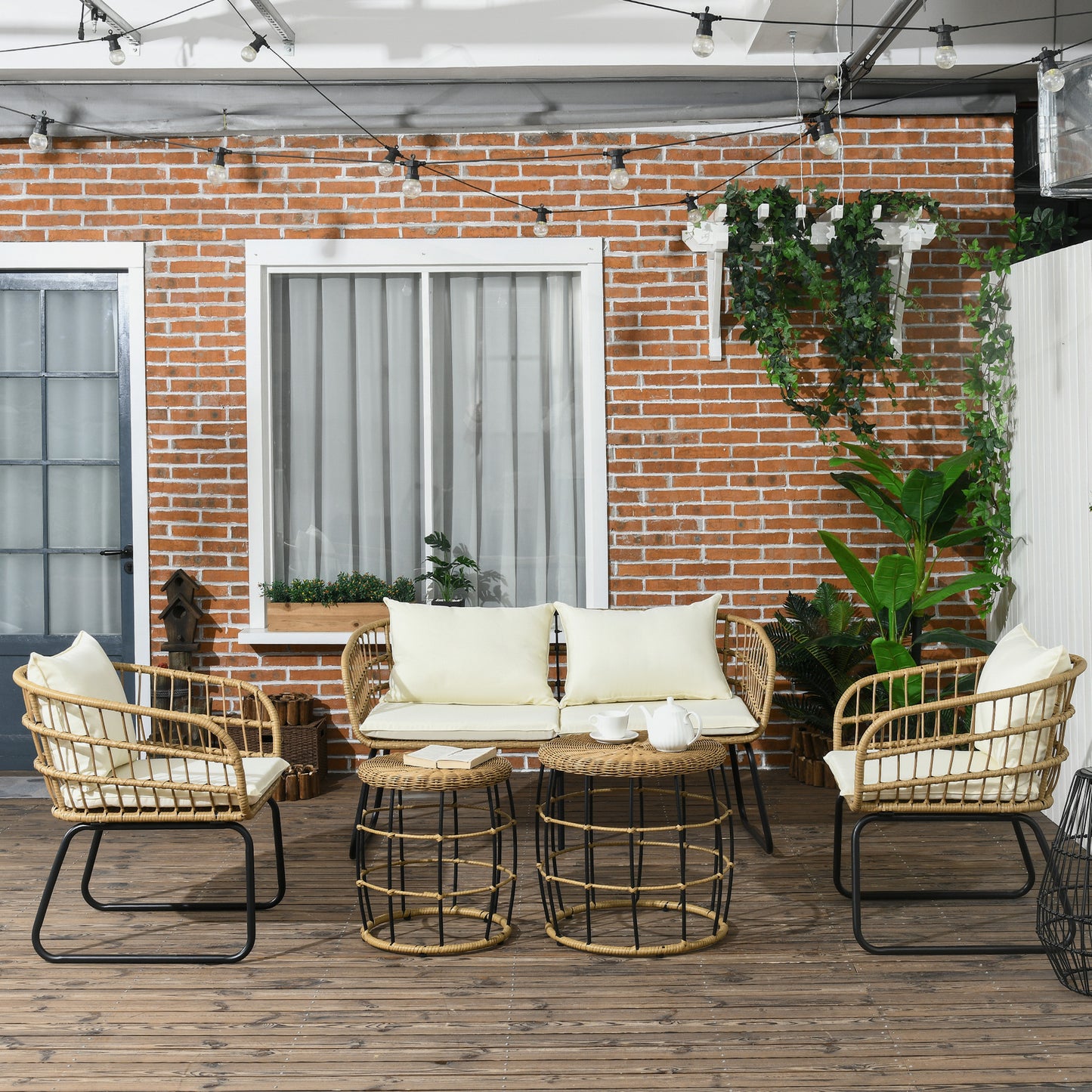 Outsunny rotan loungeset, tuinset, boho-stijl, 5-delige set, 145 x 70 x 78 cm, crème + naturel + zwart