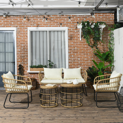 Outsunny rotan loungeset, tuinset, boho-stijl, 5-delige set, 145 x 70 x 78 cm, crème + naturel + zwart