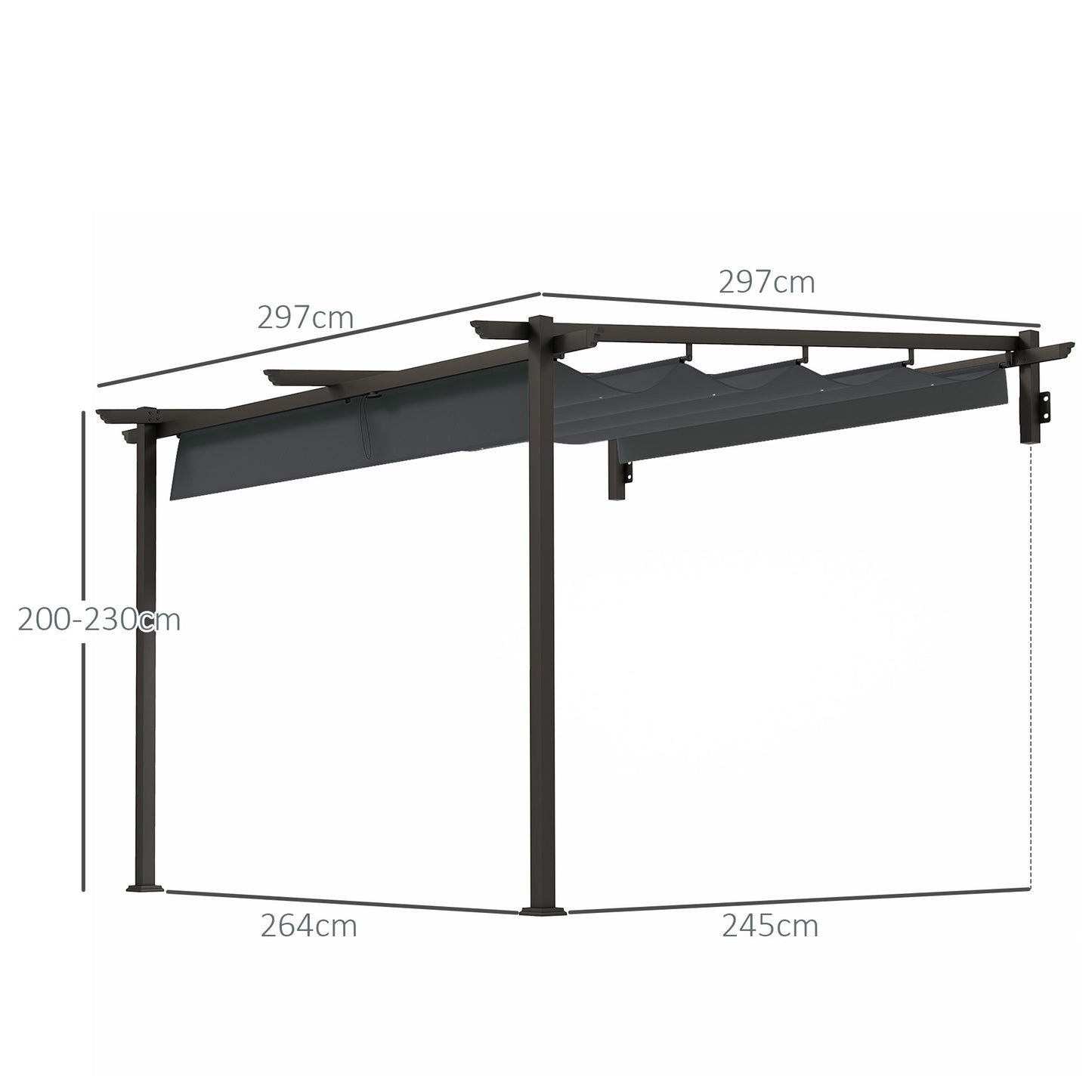 Outsunny Paviljoen, 3 x 3 m Pergola, Winddicht Terrasoverkapping, Wandmontage, Verstelbaar Dak, voor Tuin, Terras, Donkergrijs