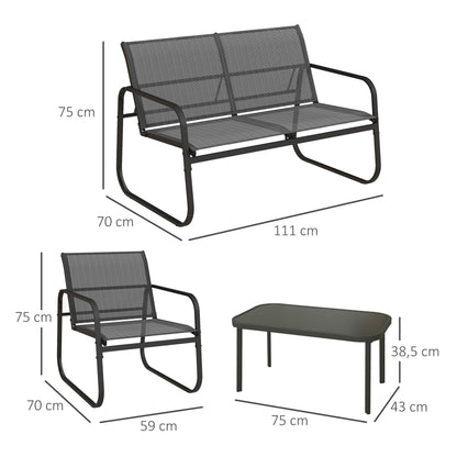 Outsunny 4-delige tuinmeubelset, 2 fauteuils, 2-zitsbank, tafel met glazen blad, ademende stof, metalen frame, zwart