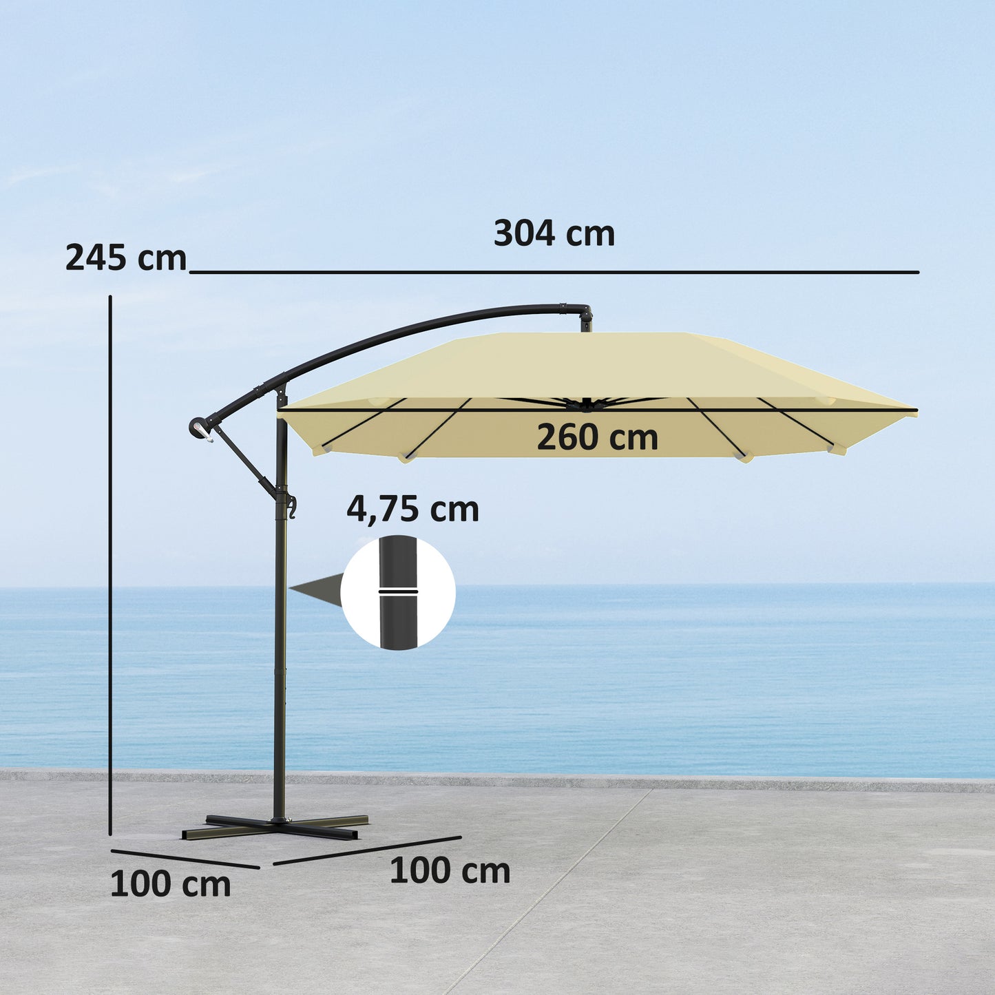 Outsunny Aluminium Zwenkparasol Ø 260 cm, Waterdichte Zwengelparasol met Standaard, Zwengel, Beige