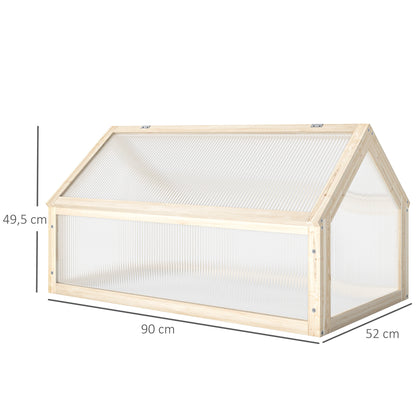 Outsunny Mini Kas, Compacte Plantenkas van Hout, Polycarbonaat Panelen, Ventilatieopening, 90L x 52B x 49,5H cm, Naturel