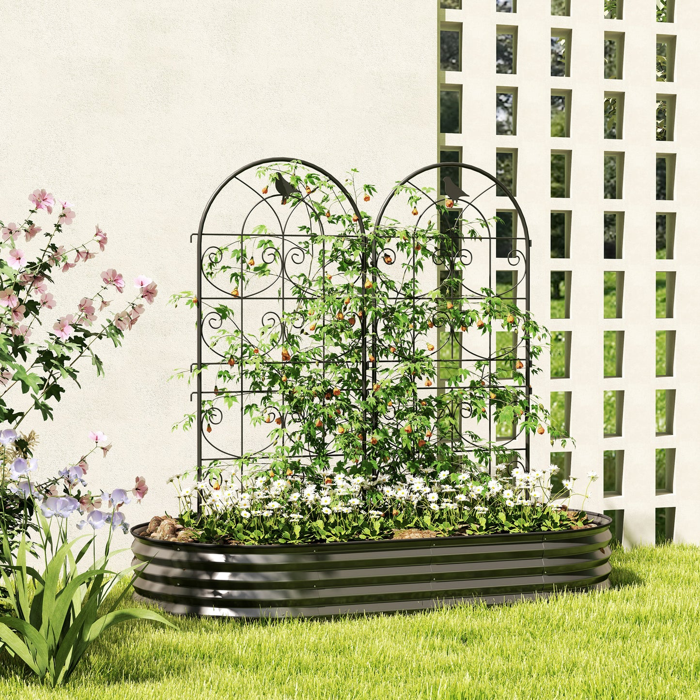 Outsunny Metalen Trellis Set van 2, Roestvrij Staal, met Vogelmotief voor Klimplanten, 50x120 cm, Zwart