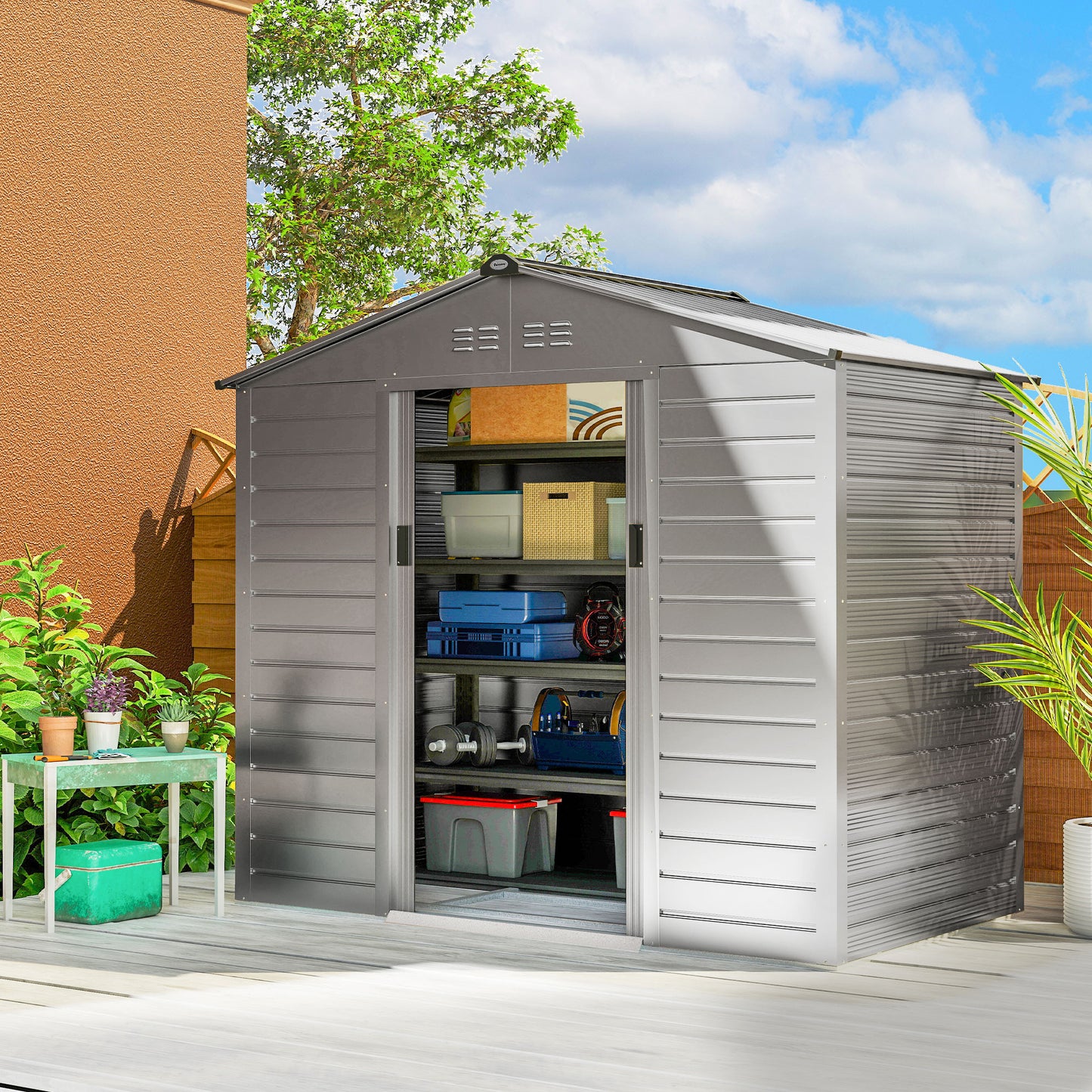Outsunny 2,43 m tuinhuis, 213 x 131 x 192 cm, gereedschapsschuur met zadeldak, afsluitbare schuifdeur, weerbestendig, grijs